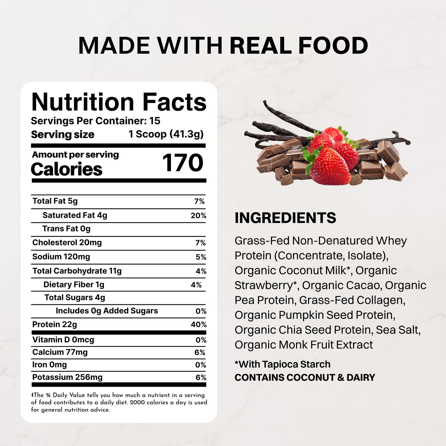 JUST INGREDIENTS Neapolitan Grass-Fed Whey Protein Powder, 15 Servings