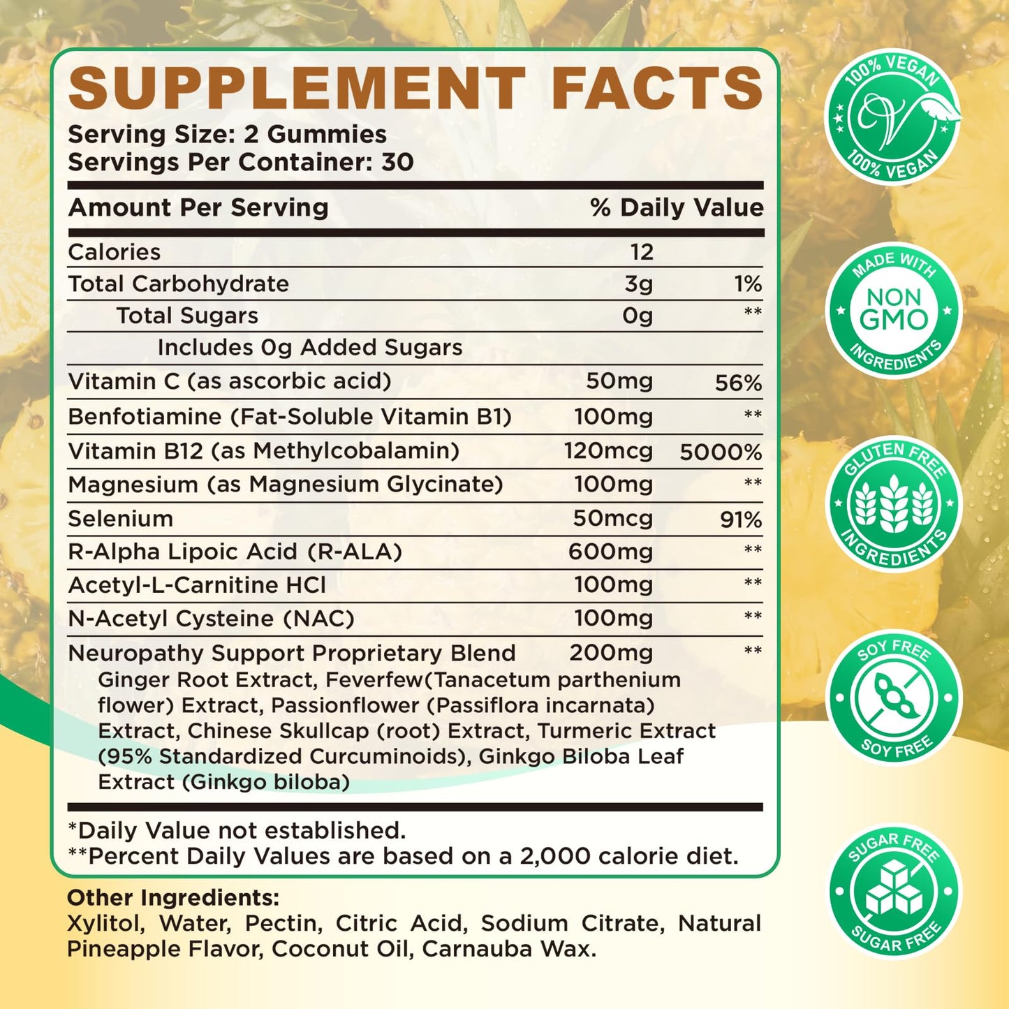 Hovika Alpha Lipoic Acid Gummies 600mg with Benfotiamine, Magnesium, NAC, Vitamin C & B12 for Nerve Support, Antioxidant and Energy & Metabolic, Vegan, Sugar Free, Pineapple Flavor, 60 Gummies