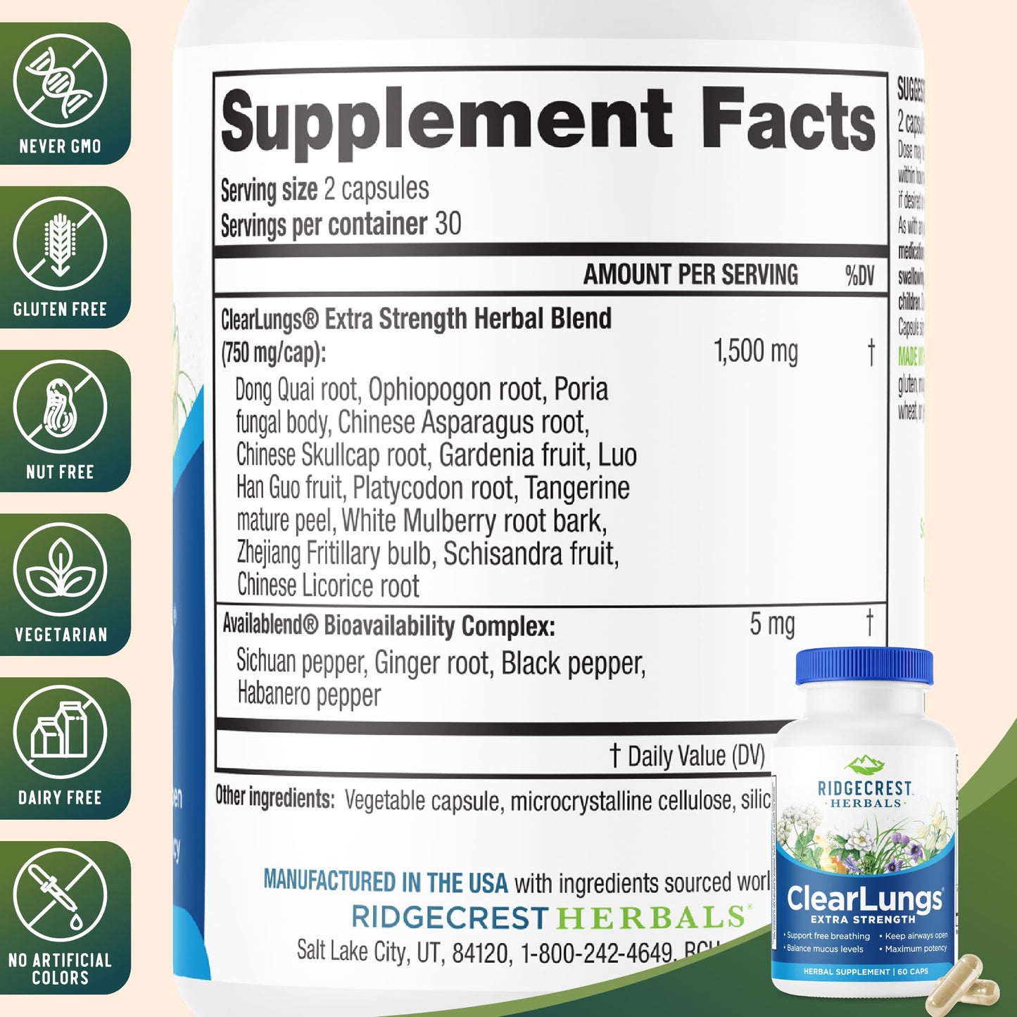 RidgeCrest Herbals ClearLungs Extra Strength Capsules 60 Count