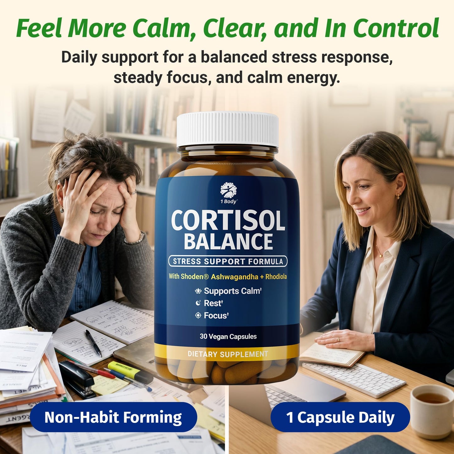 1 Body Cortisol Support with Ashwagandha & Saffron 30 Capsules