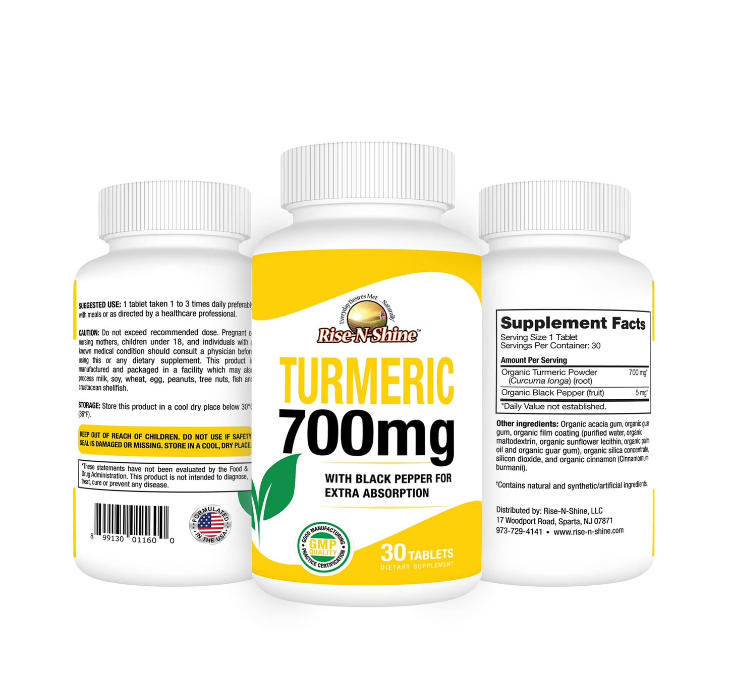 Rise-N-Shine 700 mg Turmeric Curcumin with Black Pepper Herbal Supplement 30 Tablets