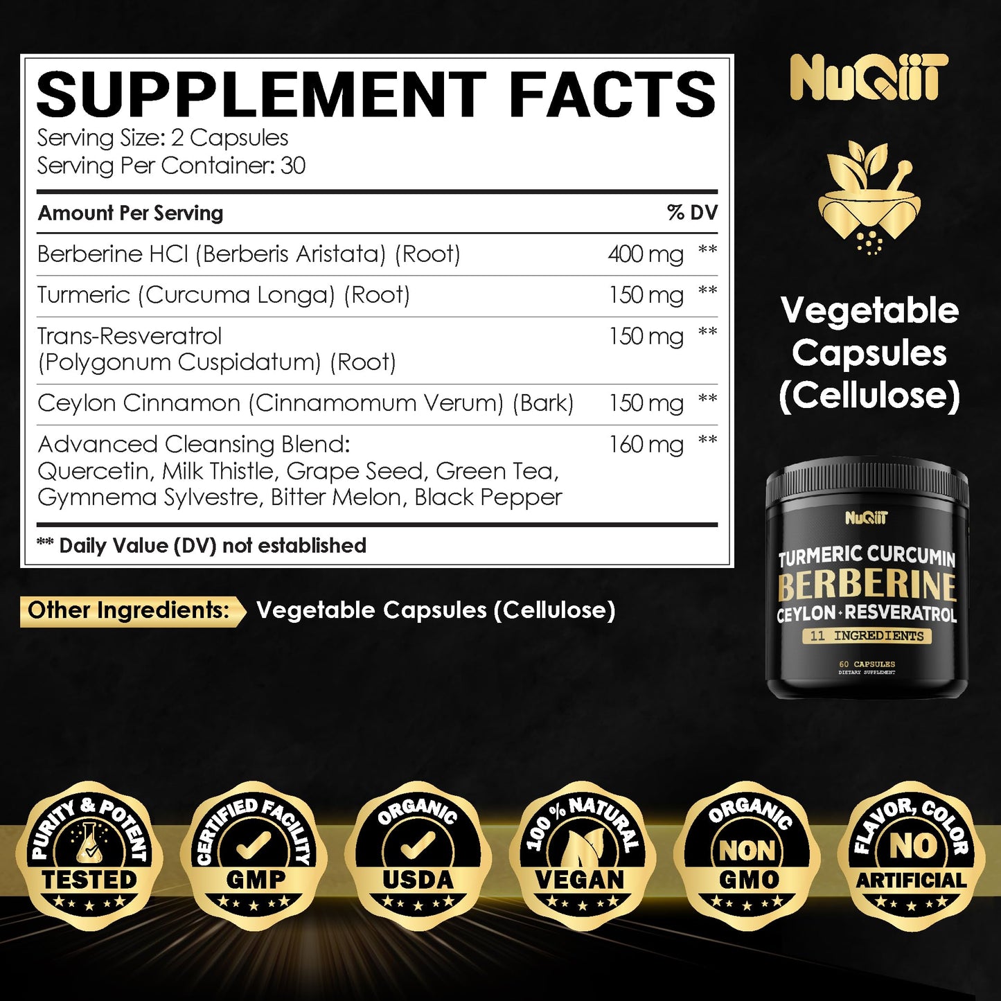 NUQIIT Berberine Supplement with Turmeric Curcumin & Trans-Resveratrol, 60 Capsules