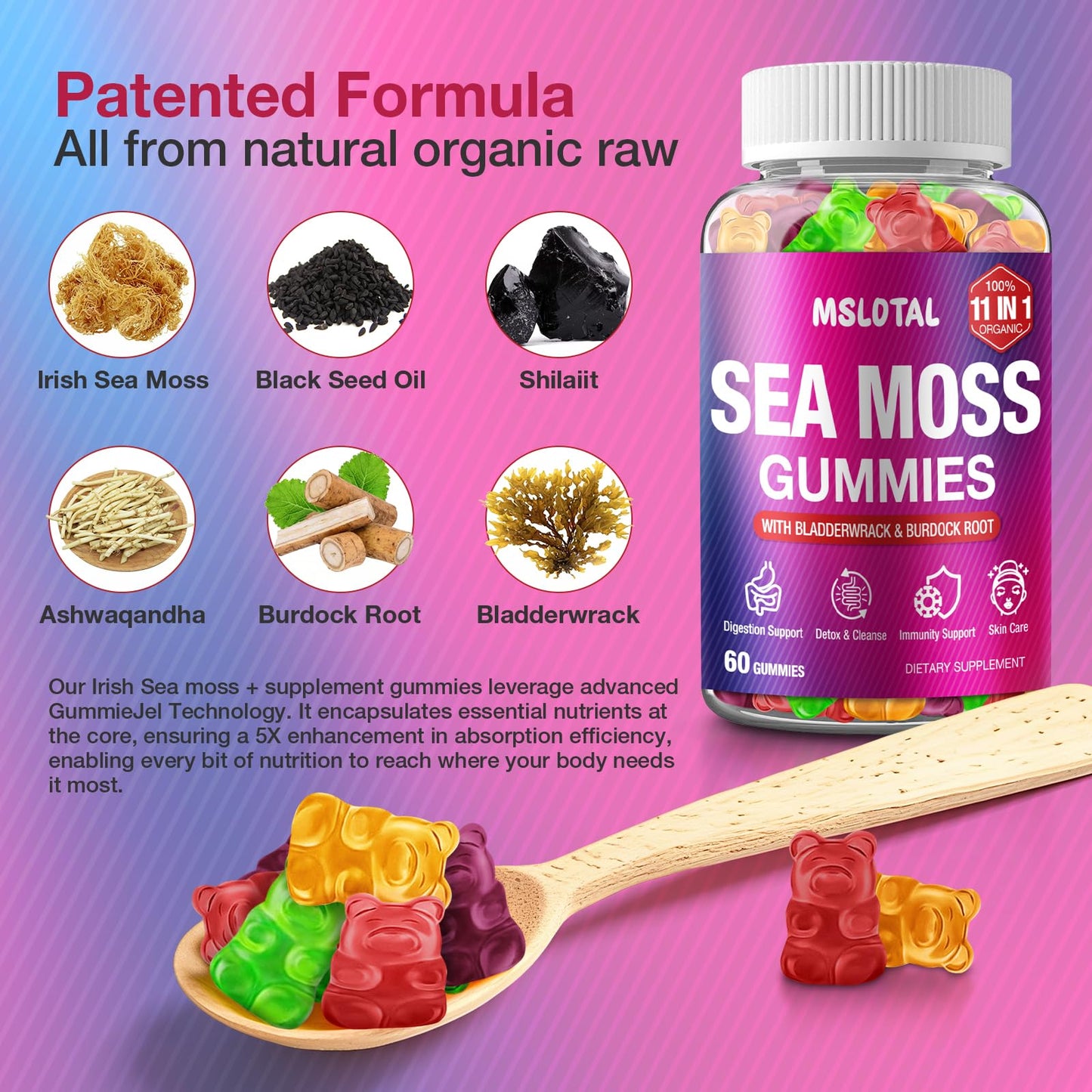 MSLOTAL Irish Sea Moss Gummies with Black Seed Oil, Ashwagandha, Bladderwrack & Burdock Root, Shilajit Immune Support, Vegan, 120 Gummies