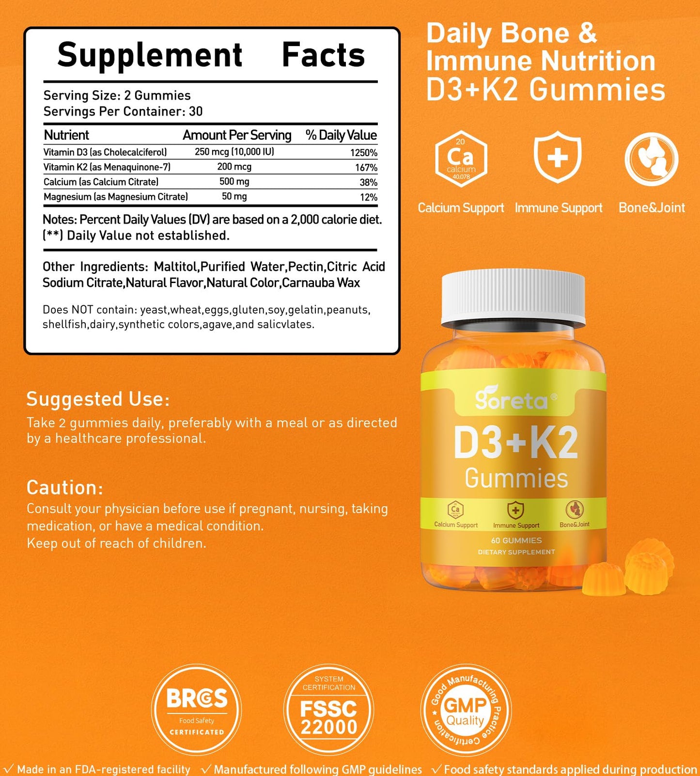Goreta Vitamin D3 K2 Gummies 10,000 IU MK-7 Calcium & Magnesium, 60 Count