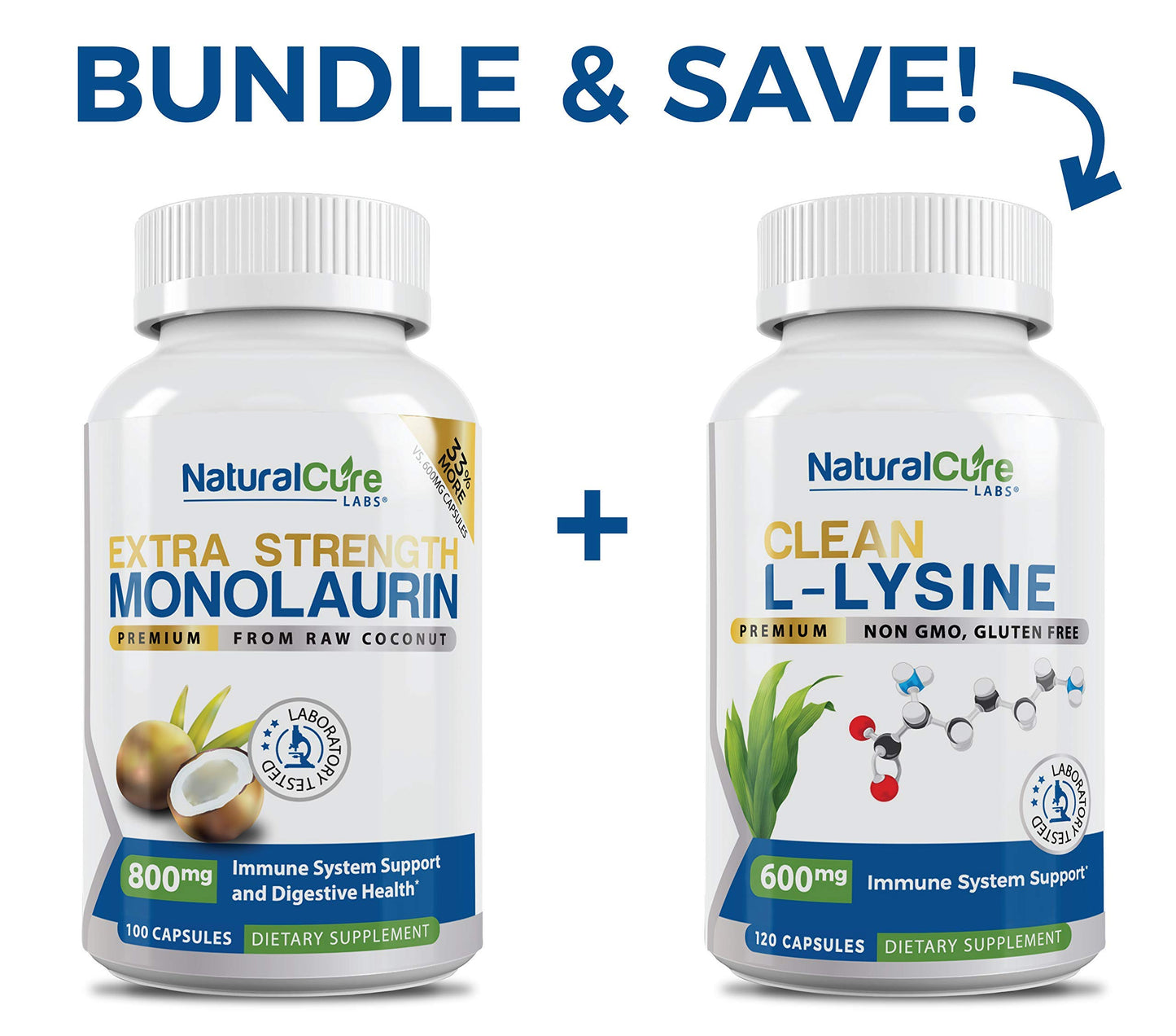 Natural Cure Labs Extra Strength Monolaurin 800mg + Clean L-Lysine 600mg Capsules Bundle
