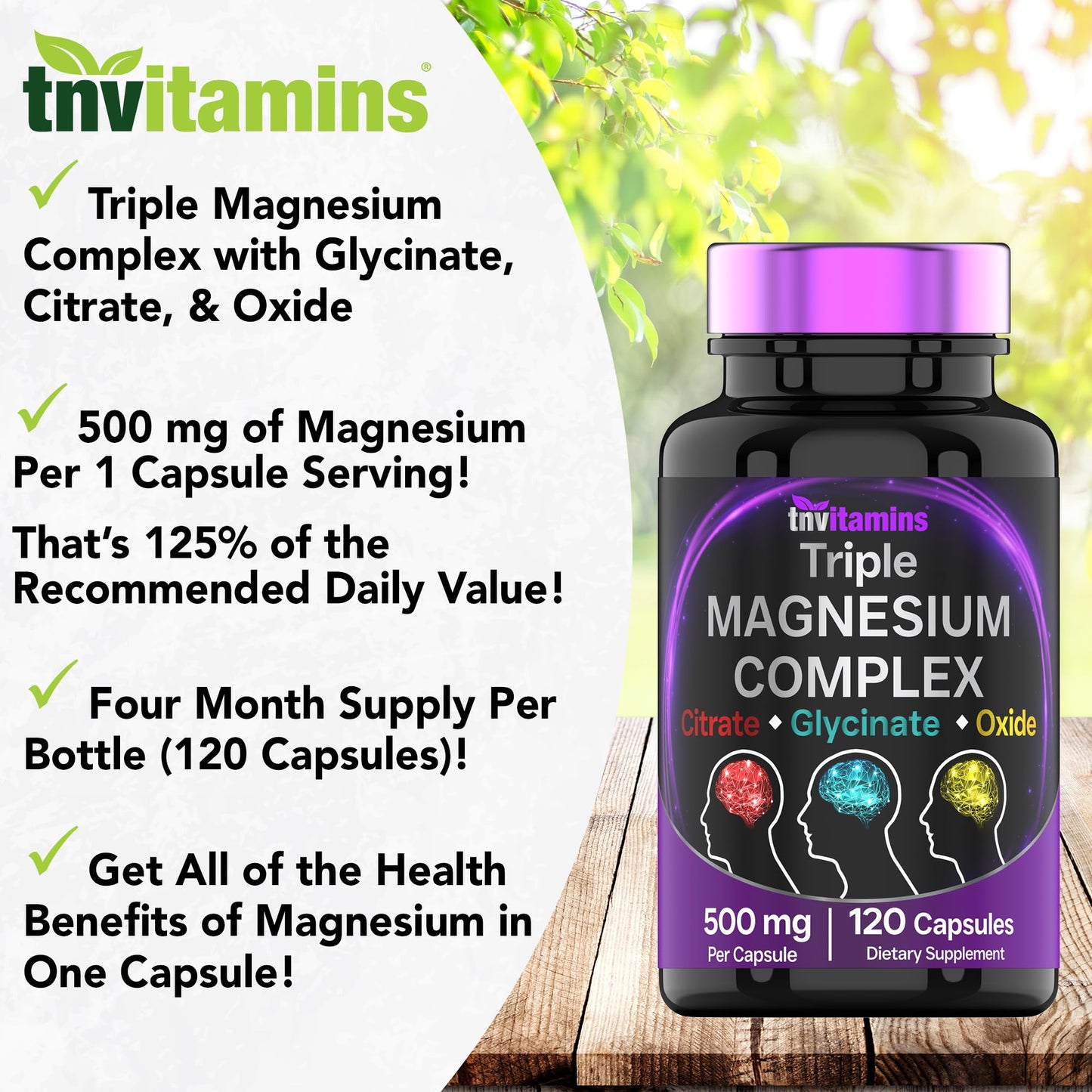 tnvitamins Triple Magnesium Complex Supplement 500mg: Magnesium Glycinate, Citrate, & Oxide, 120 Capsules