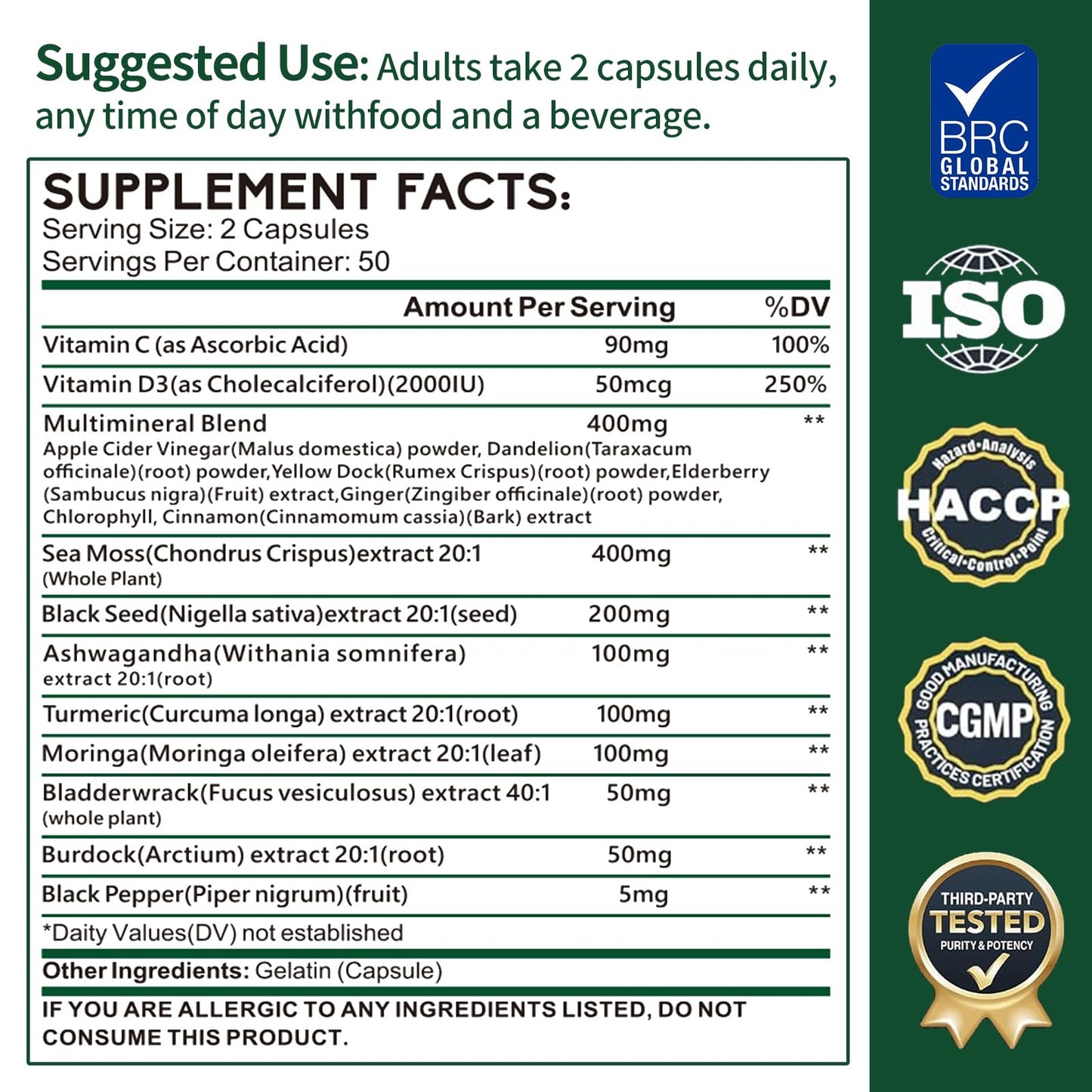 Zhibenon Sea Moss Capsules with Bladderwrack & Burdock, 100 Count