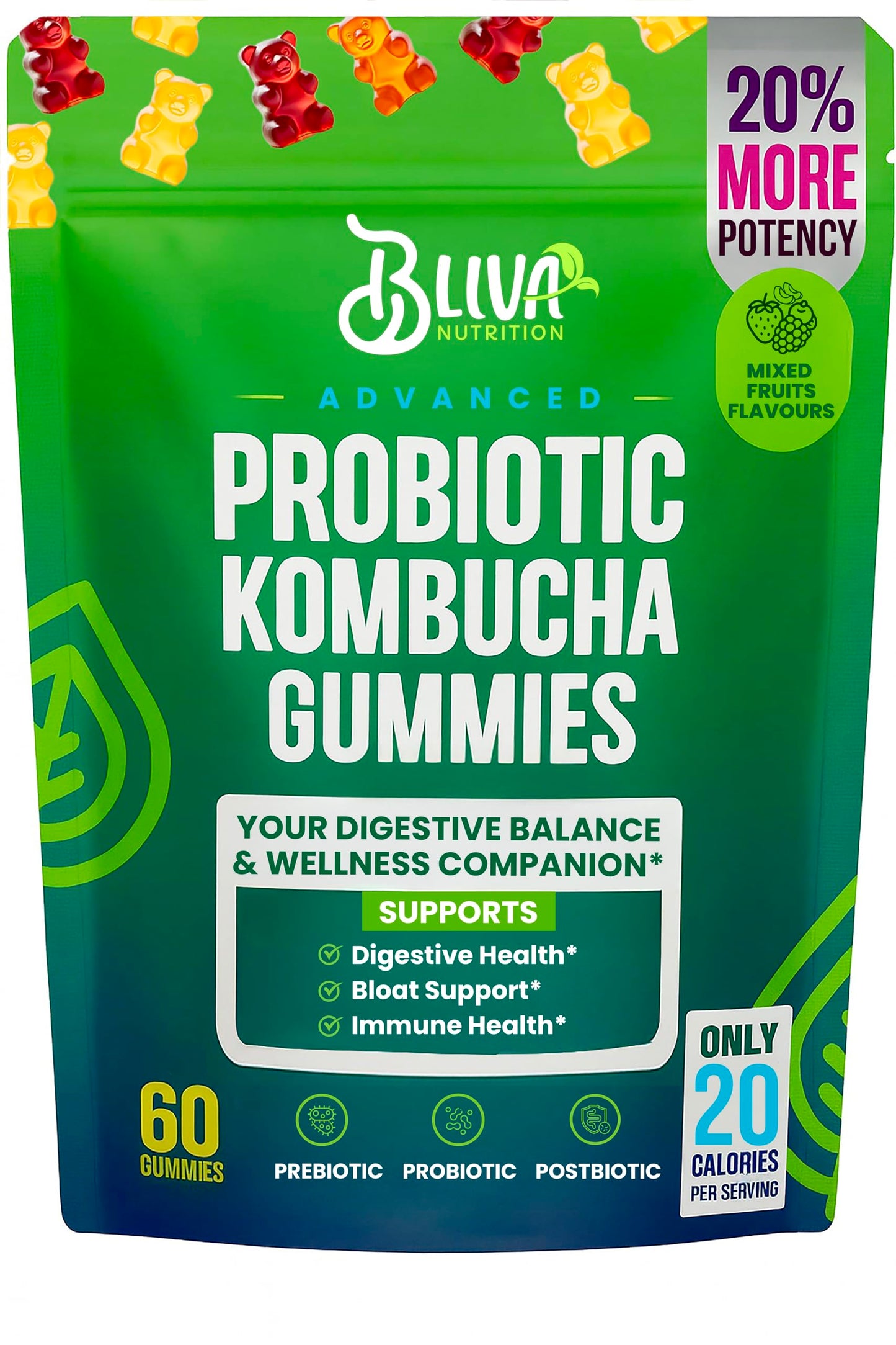 BLIVA NUTRITION Probiotic Kombucha Gummies, 60 Gummies