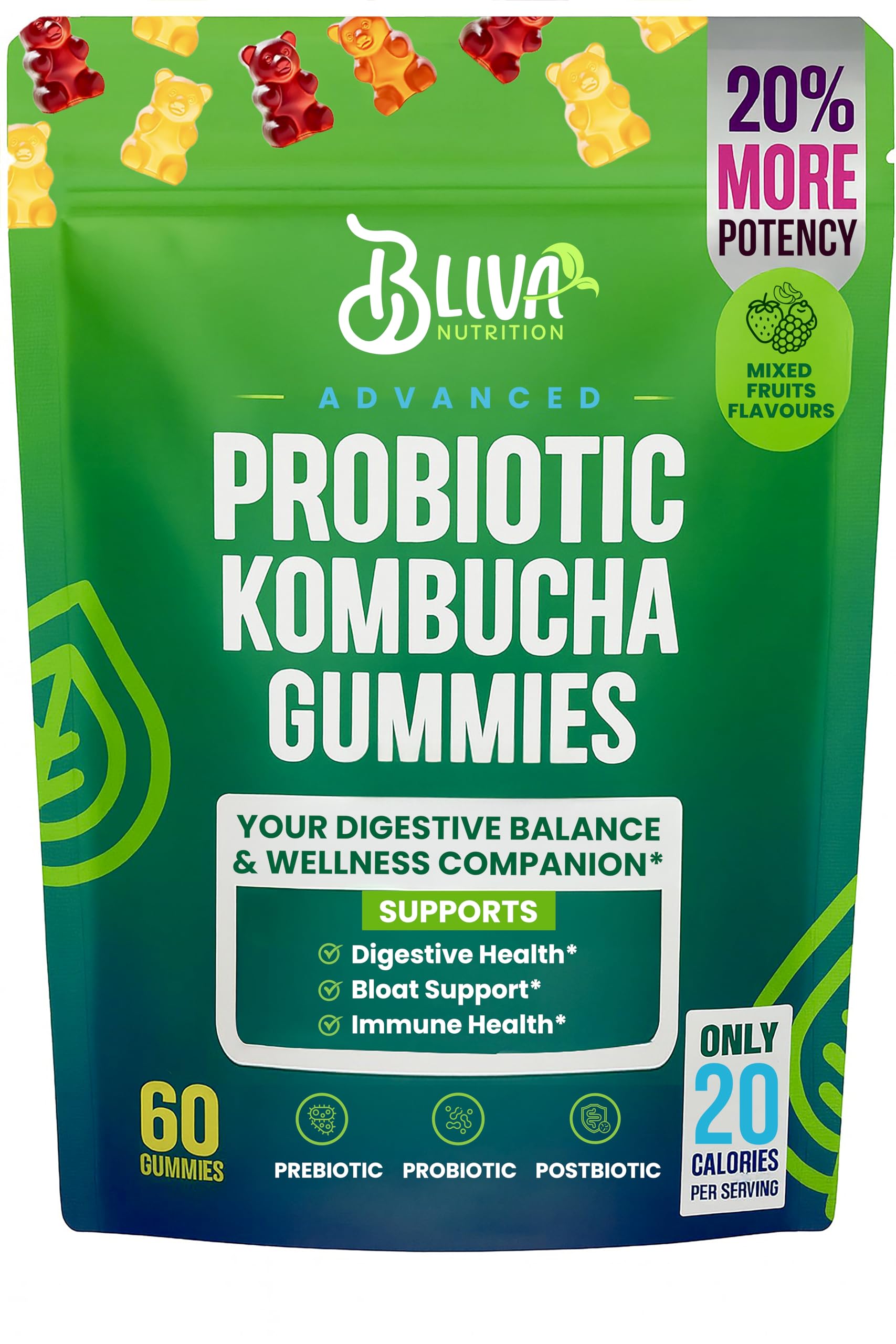 BLIVA NUTRITION Probiotic Kombucha Gummies, 60 Gummies