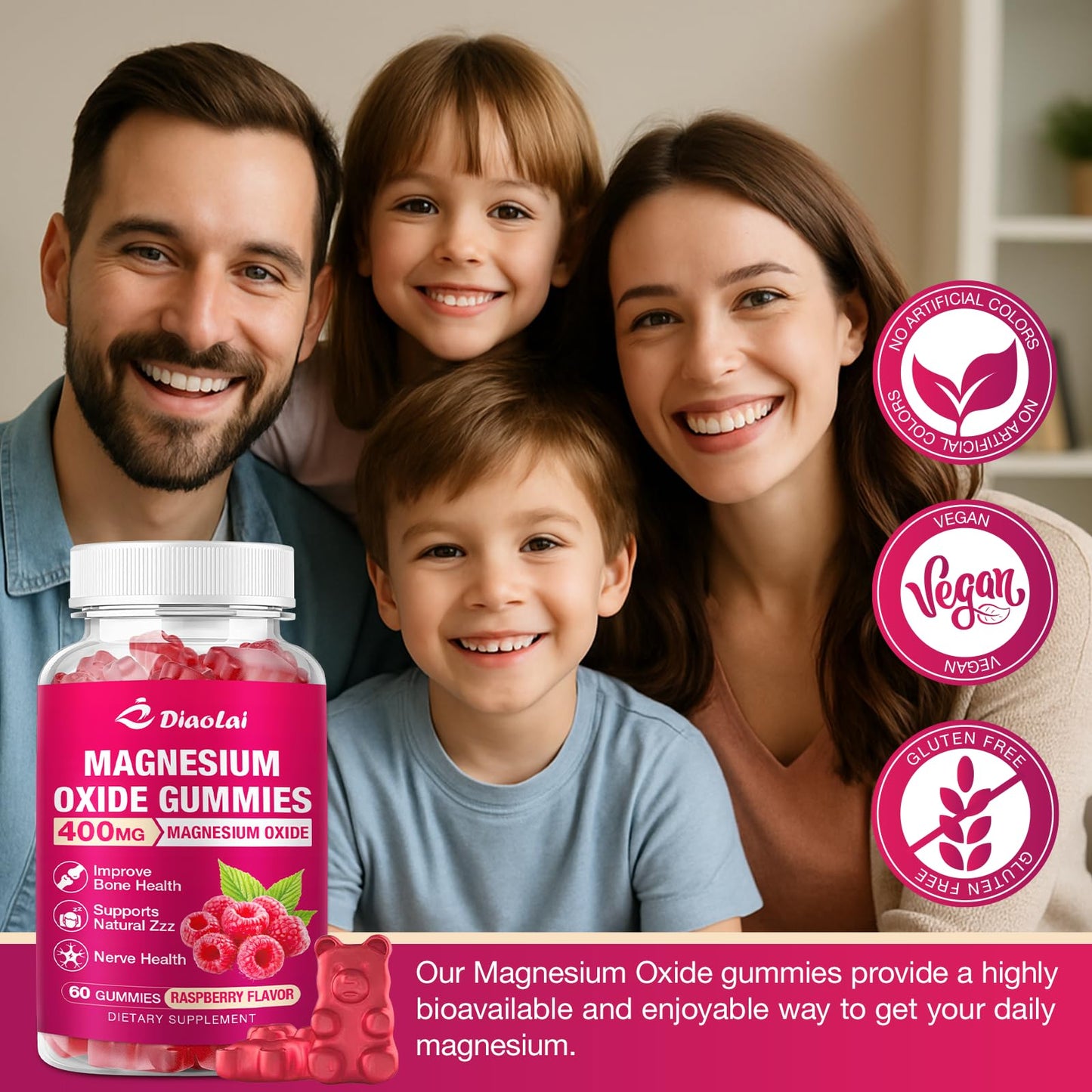 DIAOLAI Magnesium Oxide Gummies 400mg for Nerve & Muscle Support, Chewable Raspberry Flavor, Sugar-Free, Non-GMO, 120 Count