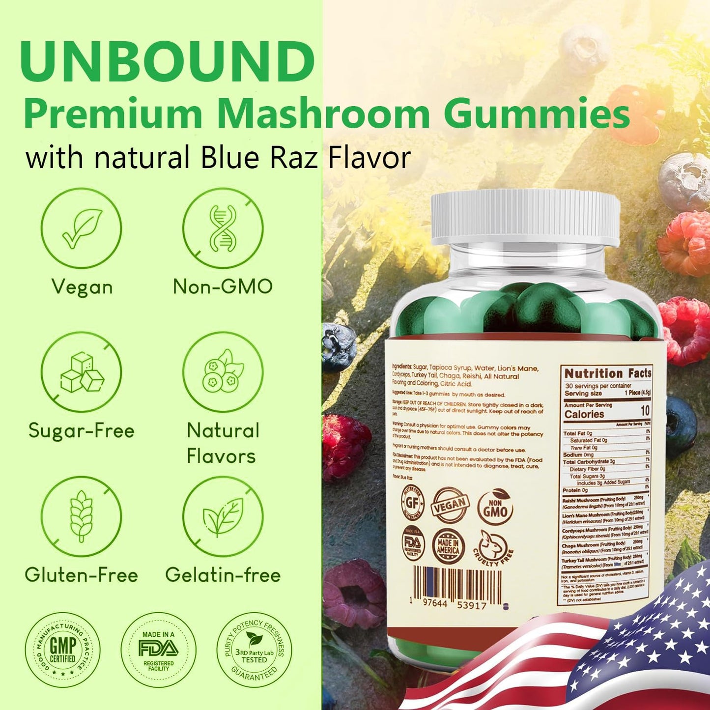 Unbound Mushroom Gummies Premium Organic Mushroom Multi-Complex for Memory Support 5-in-1 Gummy, 60 Count