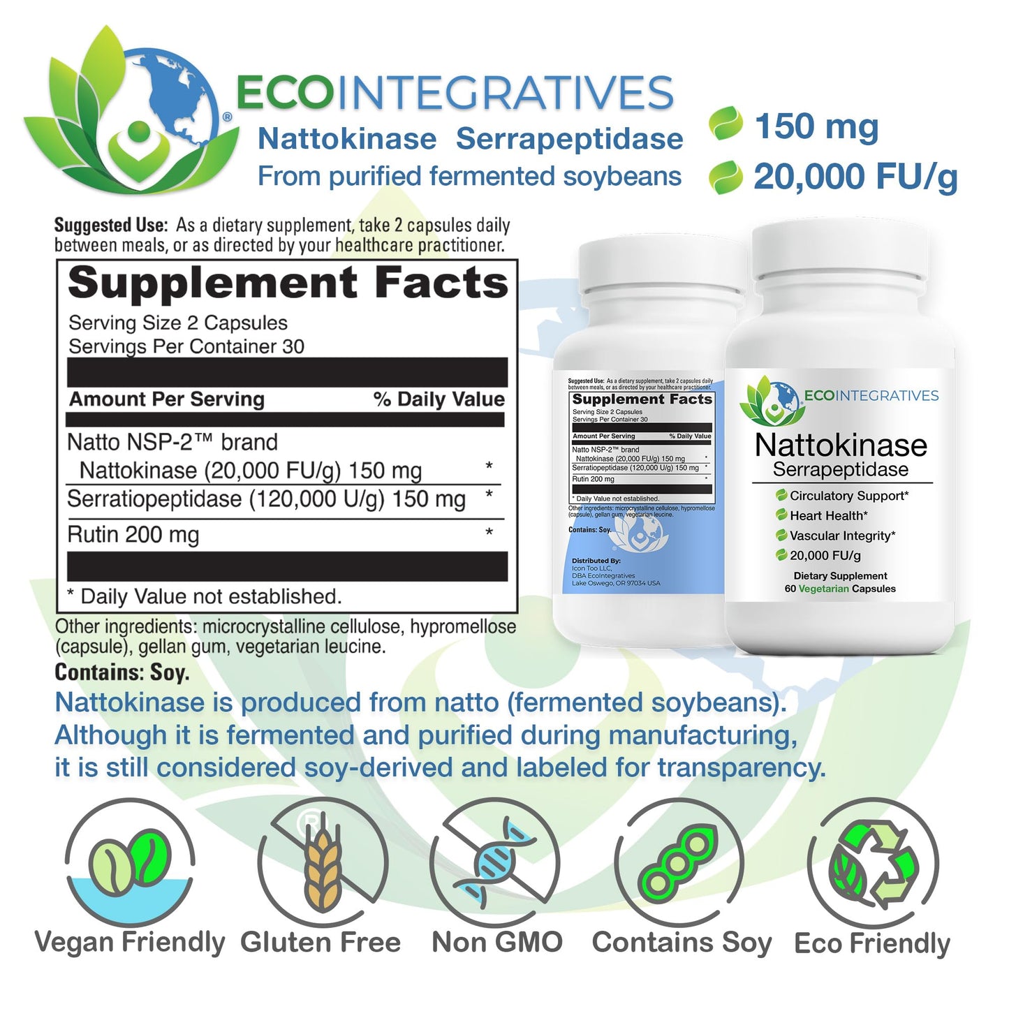 EcoIntegratives Nattokinase Serrapeptidase – with Nattokinase (20,000 FU/g) + Rutin | Supports Heart & Circulatory Health* | Non-GMO | 60 Vegetarian Capsules