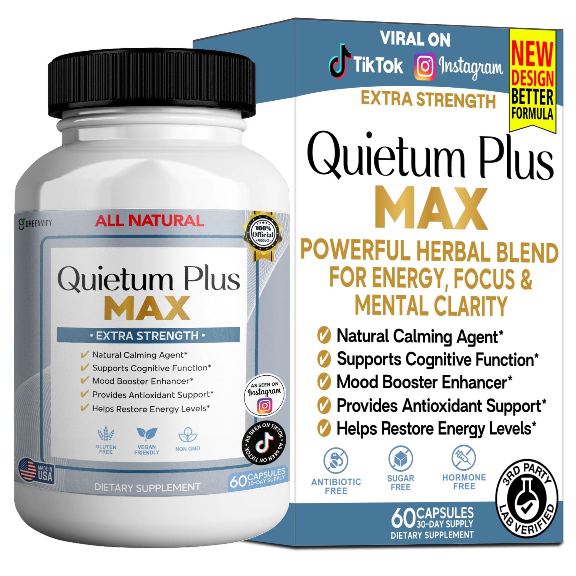 GREENVIFY Quietum Plus Max Ear Health Supplement, Natural Tinnitus Support and Inner Ear Formula, 60 Capsules