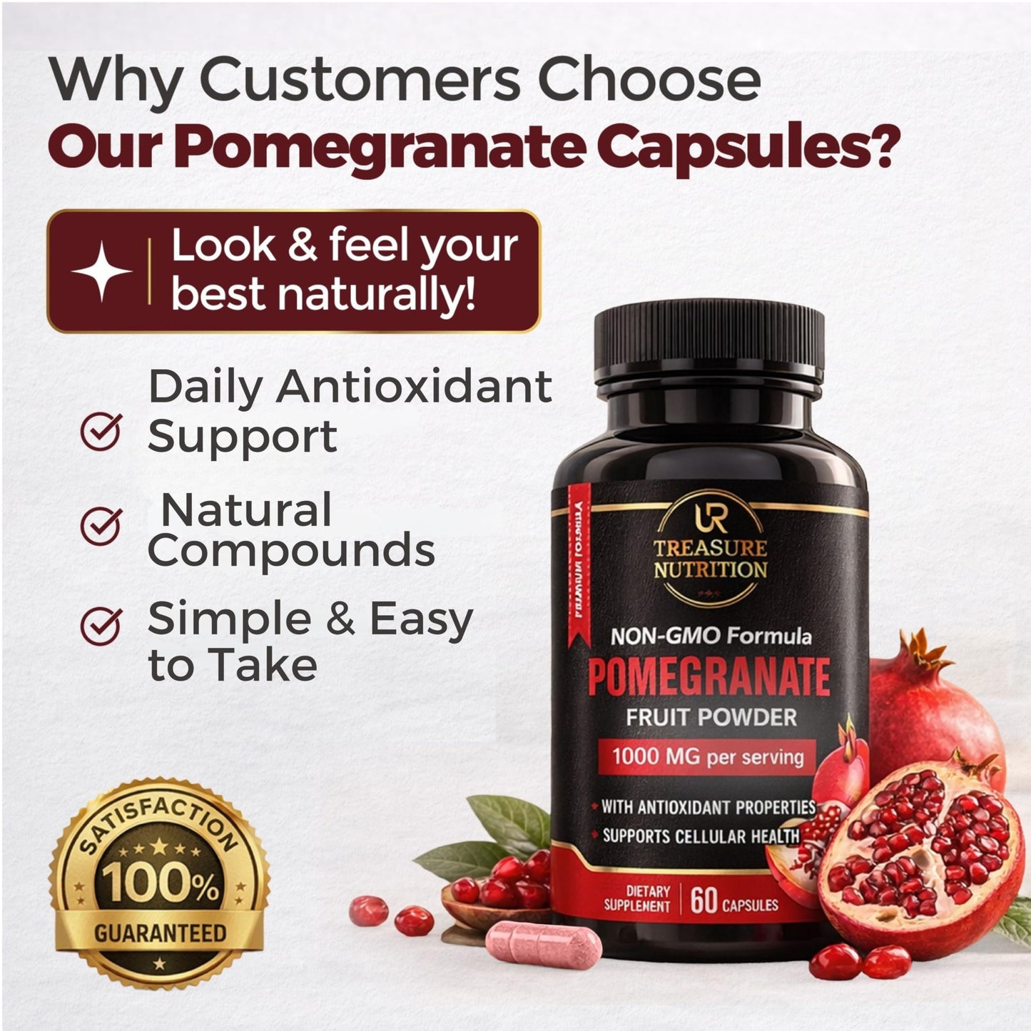 UR Treasure Nutrition Pomegranate 500mg Whole Fruit Powder, 120 Capsules