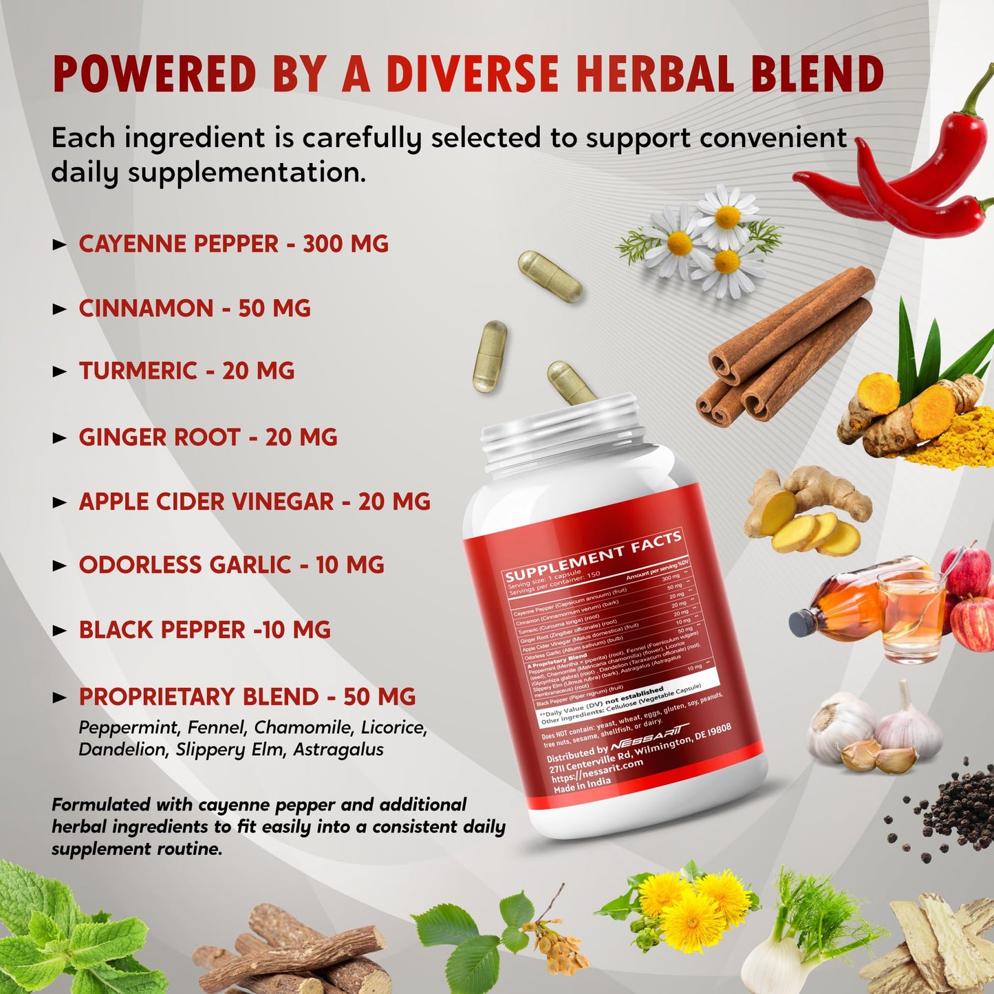 NESSARIT Cayenne Pepper Capsules with Cinnamon, Turmeric, Ginger Root, Apple Cider Vinegar, Odorless Garlic & Black Pepper, 150 Count
