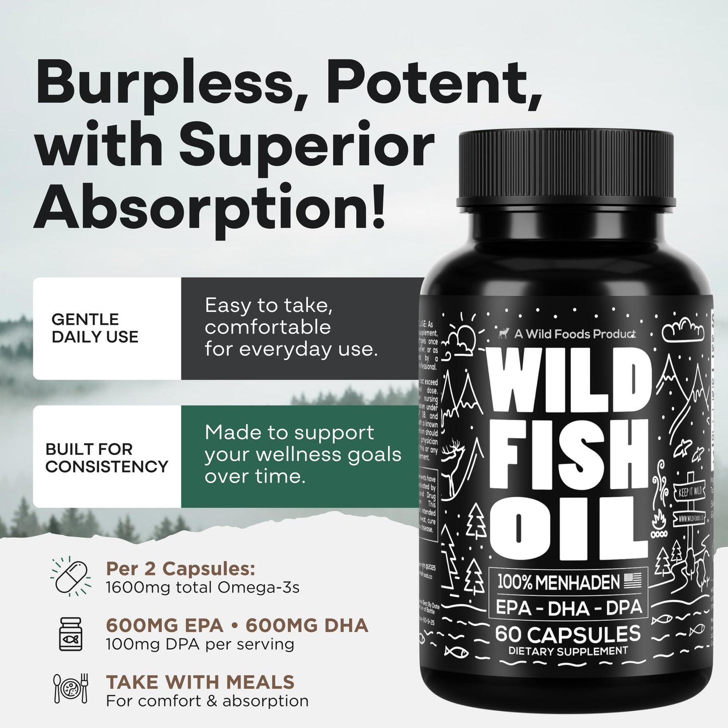Wild Foods Fish Oil Omega-3 Supplements 1600mg EPA DHA DPA 60 Capsules