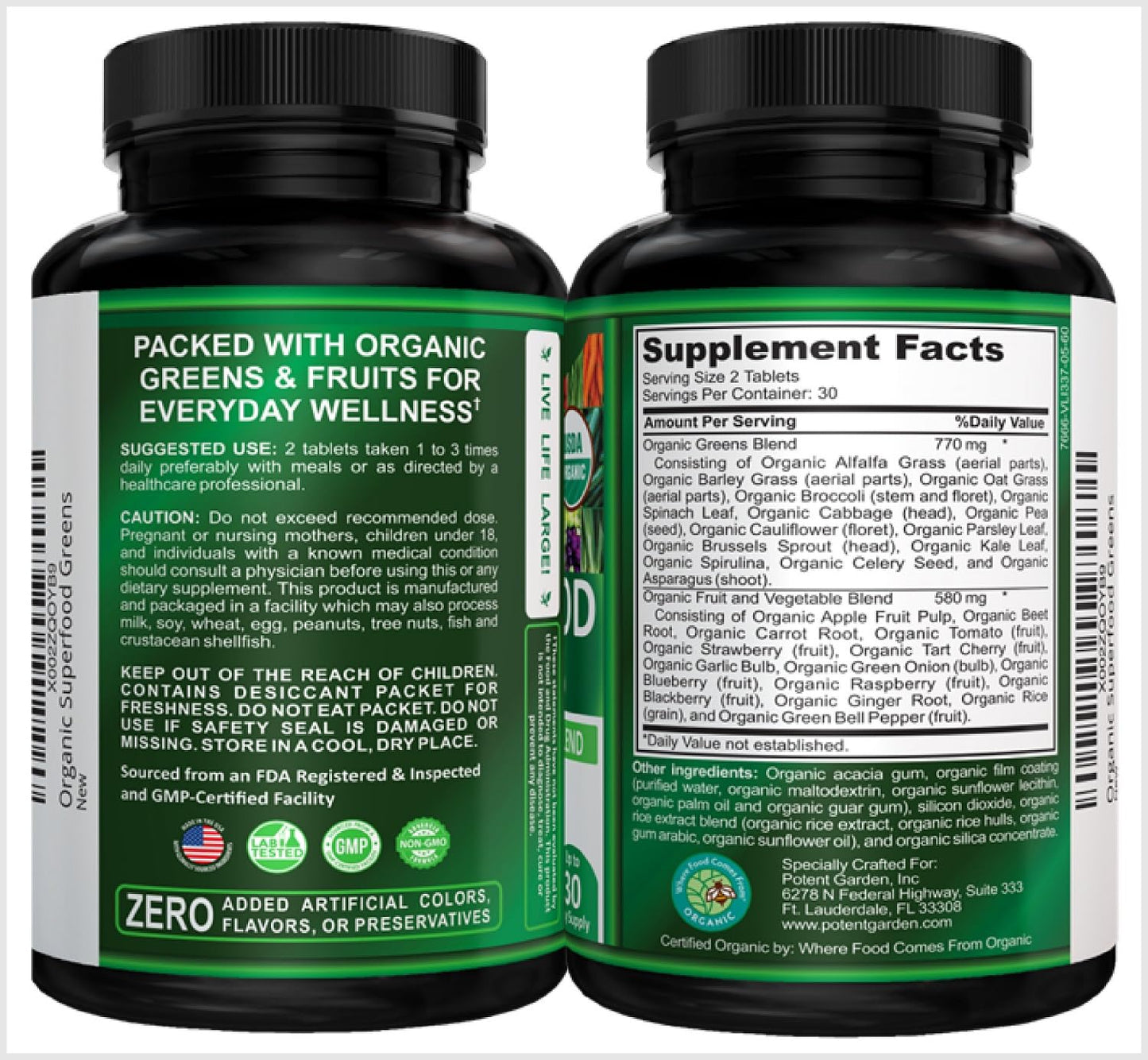Potent Garden Organic Superfood Greens, Fruit and Veggie Supplement Tablets, 120