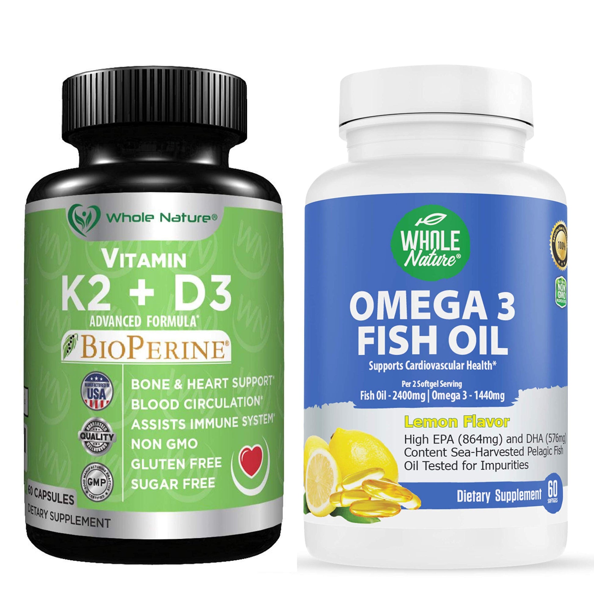 Whole Nature K2+D3 with Bioperine Plus Calcium Omega 3 Fish Oil Capsules, 120 Count