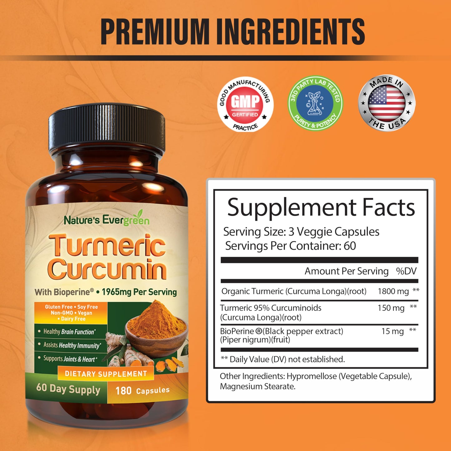 Nature's Evergreen Turmeric Curcumin with Black Pepper Extract (Bioperine) & Organic Turmeric Vegan Joint Support Supplement, 95% Curcuminoids, 1965mg, 180 Capsules