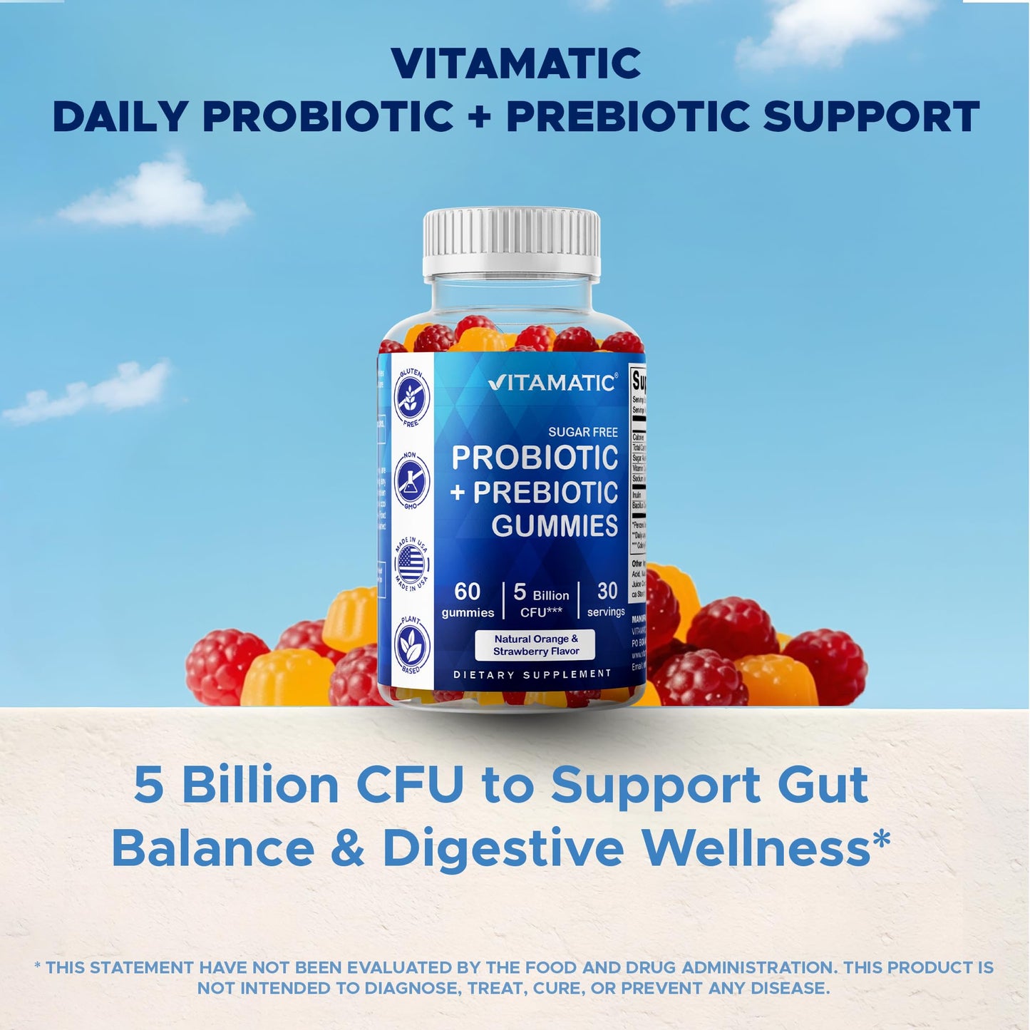 Vitamatic Sugar Free Probiotic Gummies for Men and Women 120 Gummies