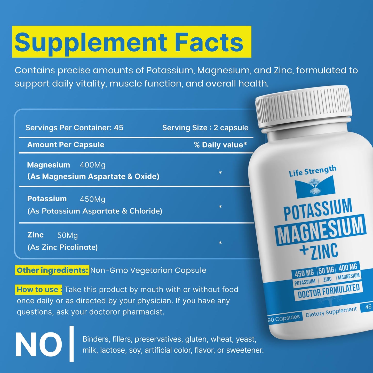 LifeStrength Magnesium Potassium Zinc Supplement Capsules 90 Count