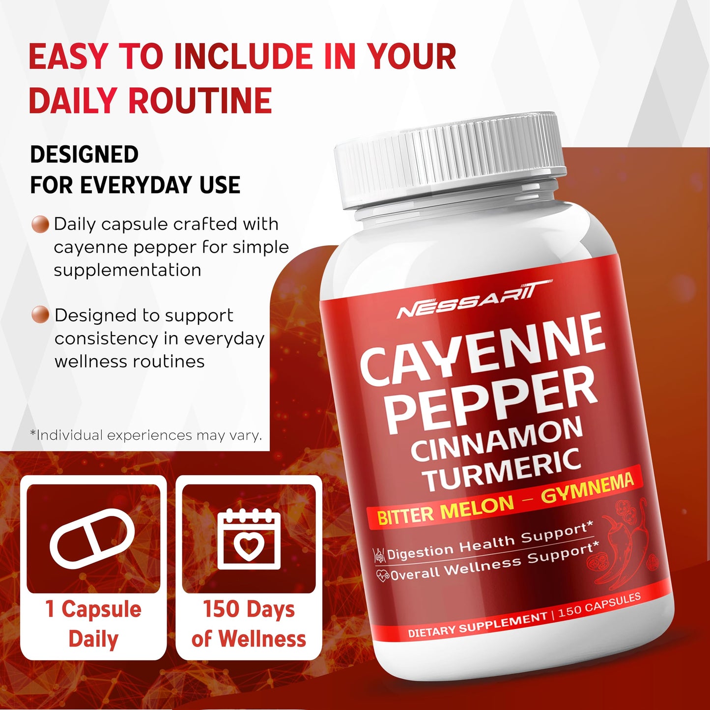 NESSARIT Cayenne Pepper Capsules with Cinnamon, Turmeric, Ginger Root, Apple Cider Vinegar, Odorless Garlic & Black Pepper, 150 Count