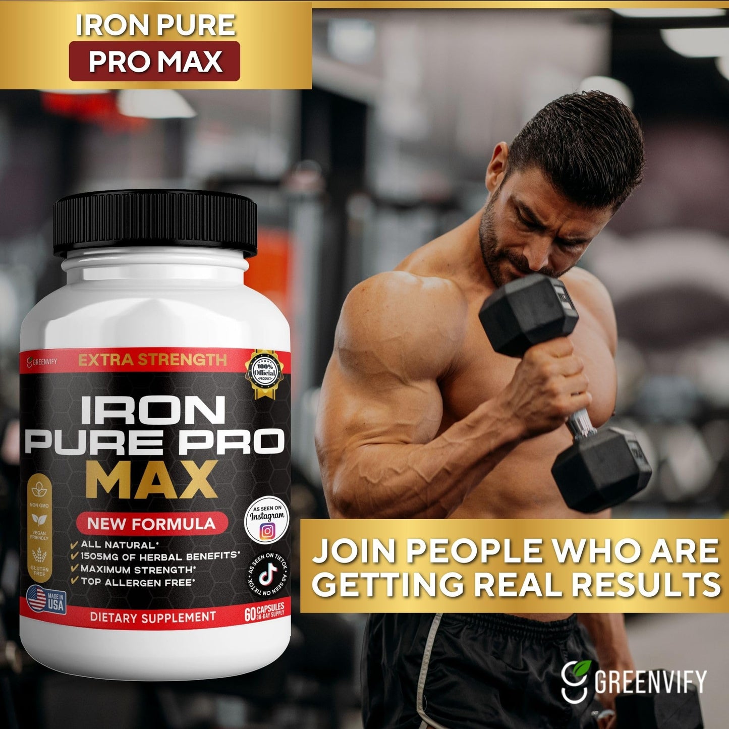 GREENVIFY Iron Pure Pro Max Organic Maca Root Blend Capsules, 60 Count