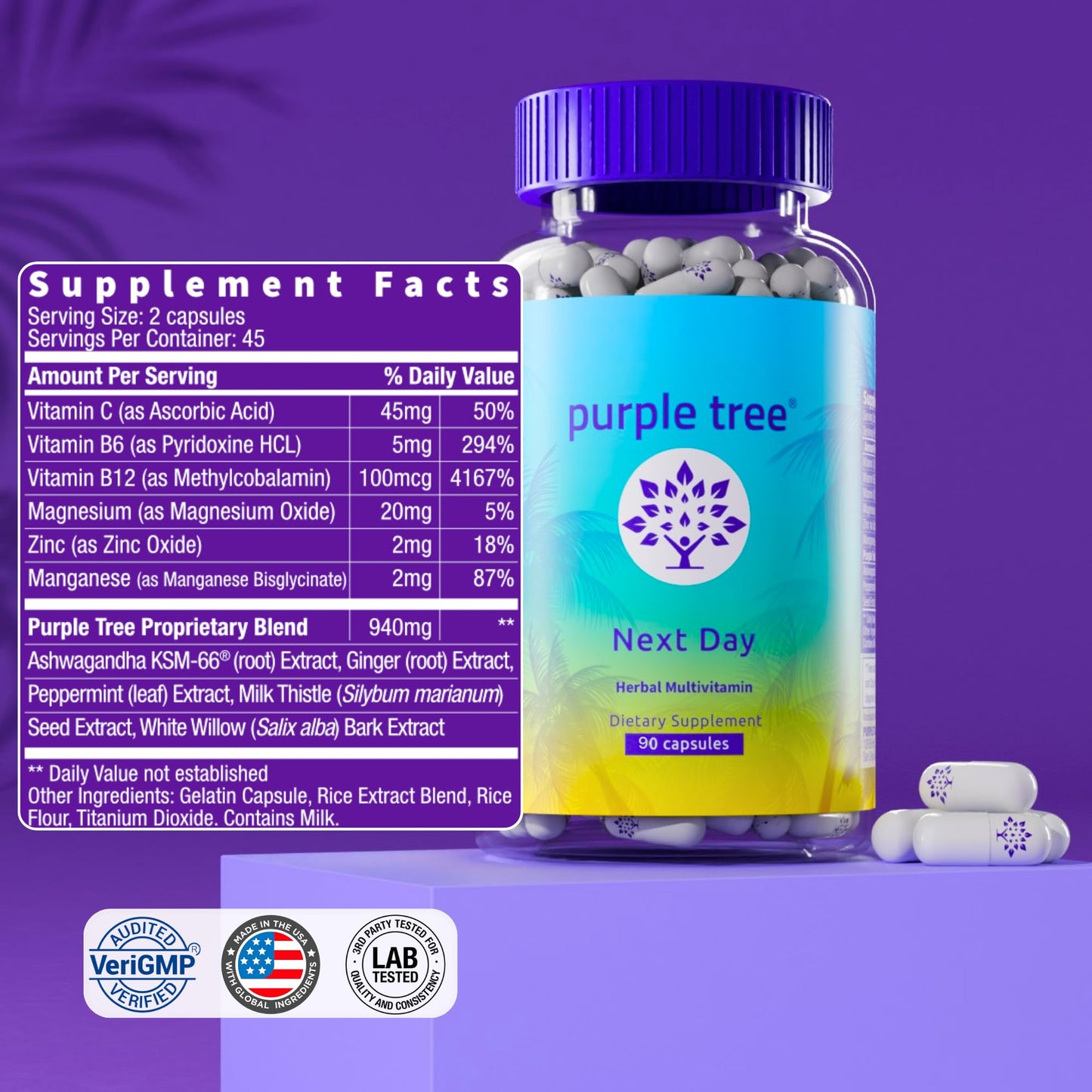 Purple Tree Next Day Post-Drink Morning Wellness Supplement for Balance, Restore & Replenishment Capsules, 90