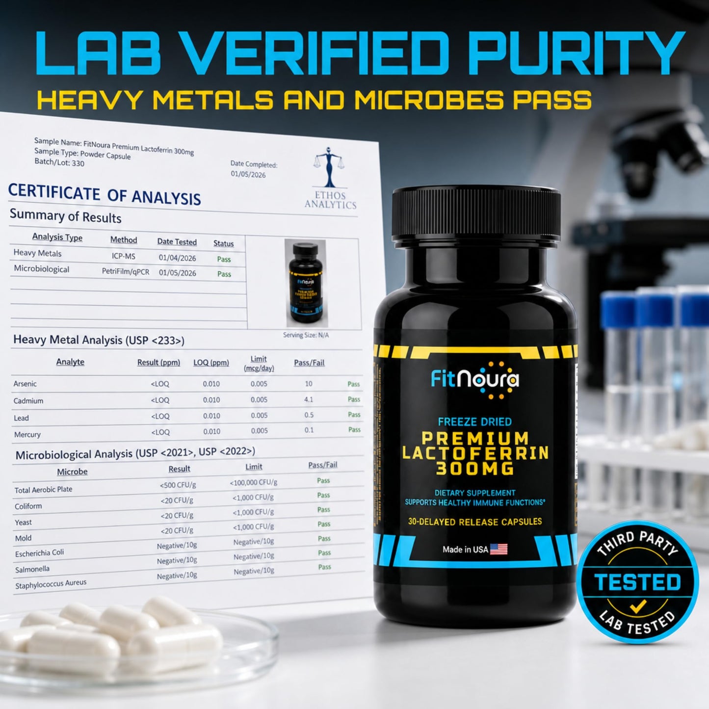 FitNoura Enteric Coated Lactoferrin Supplement - Delayed Release Capsule 30 Count