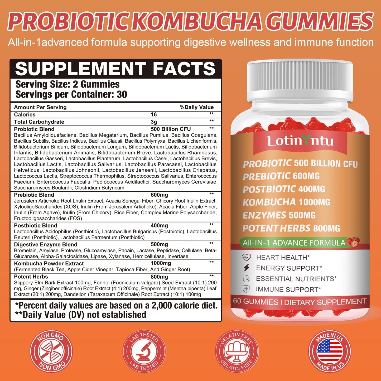 LotinYntu 6-in-1 Probiotic Kombucha Gummies, 120 Count
