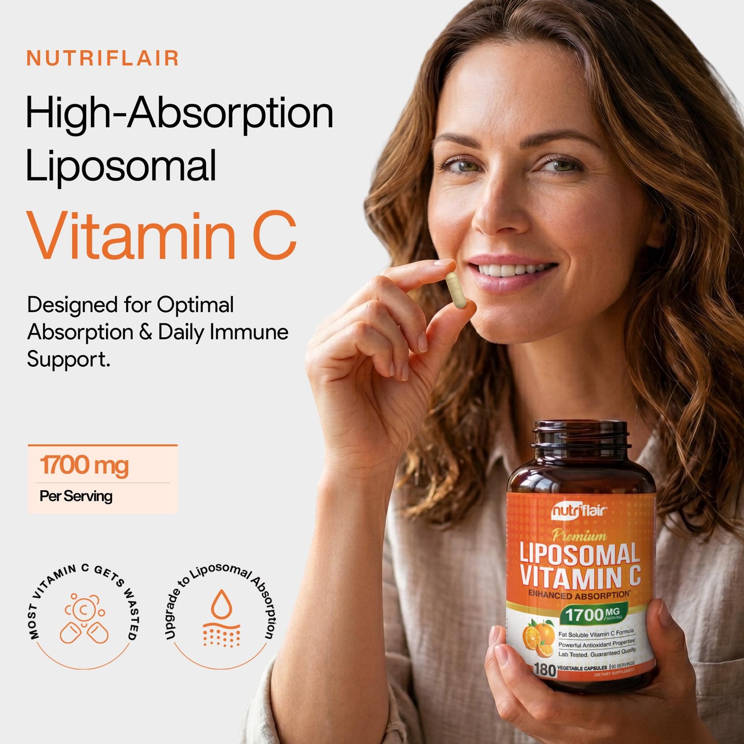 NutriFlair Liposomal Vitamin C 1700mg Capsules, 180 Count