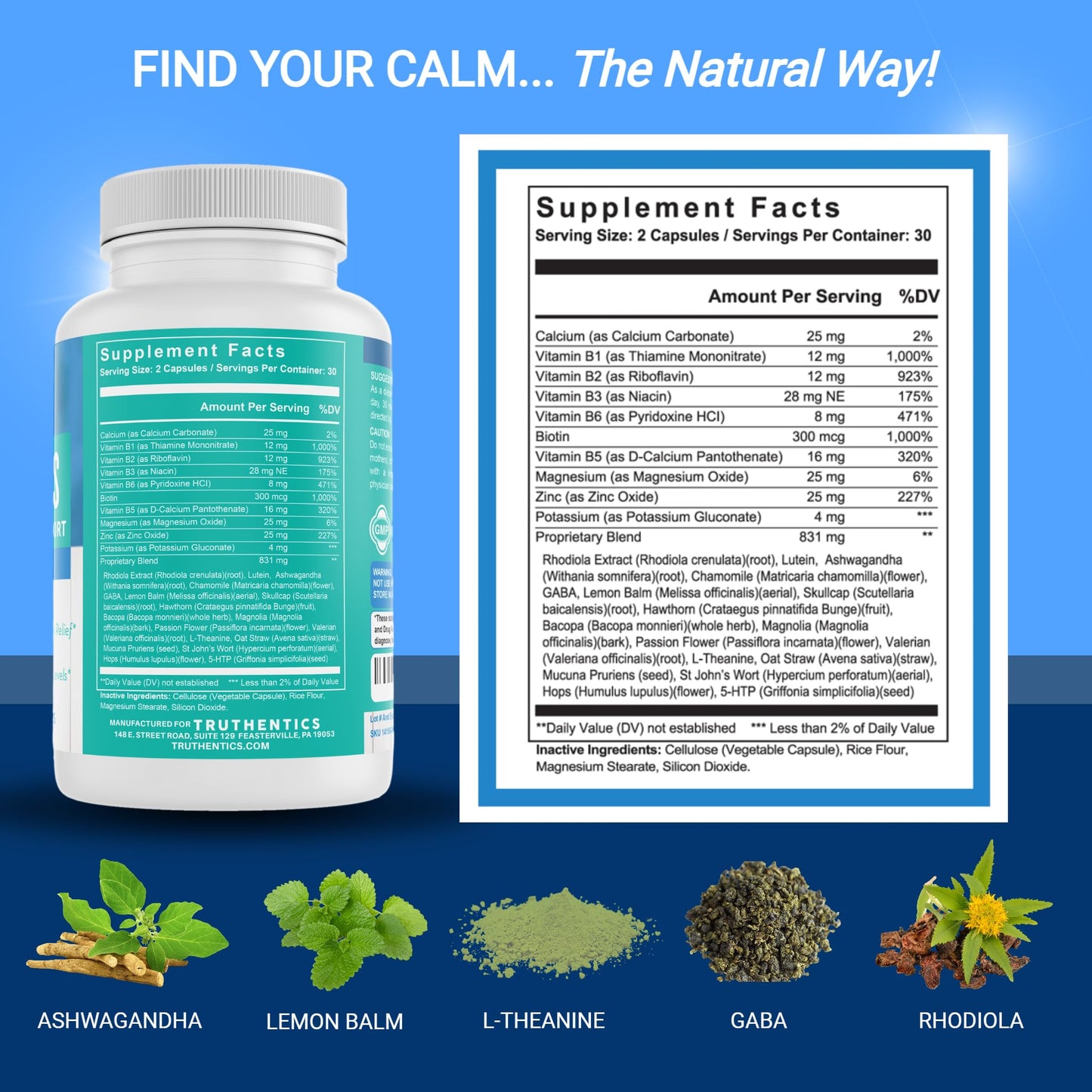 TRUTHENTICS Bye-Bye Stress - Stress & Mood Support Supplement for Women with Ashwagandha, GABA, Lemon Balm, L-Theanin & Vitamin B Complex, 60 Capsules