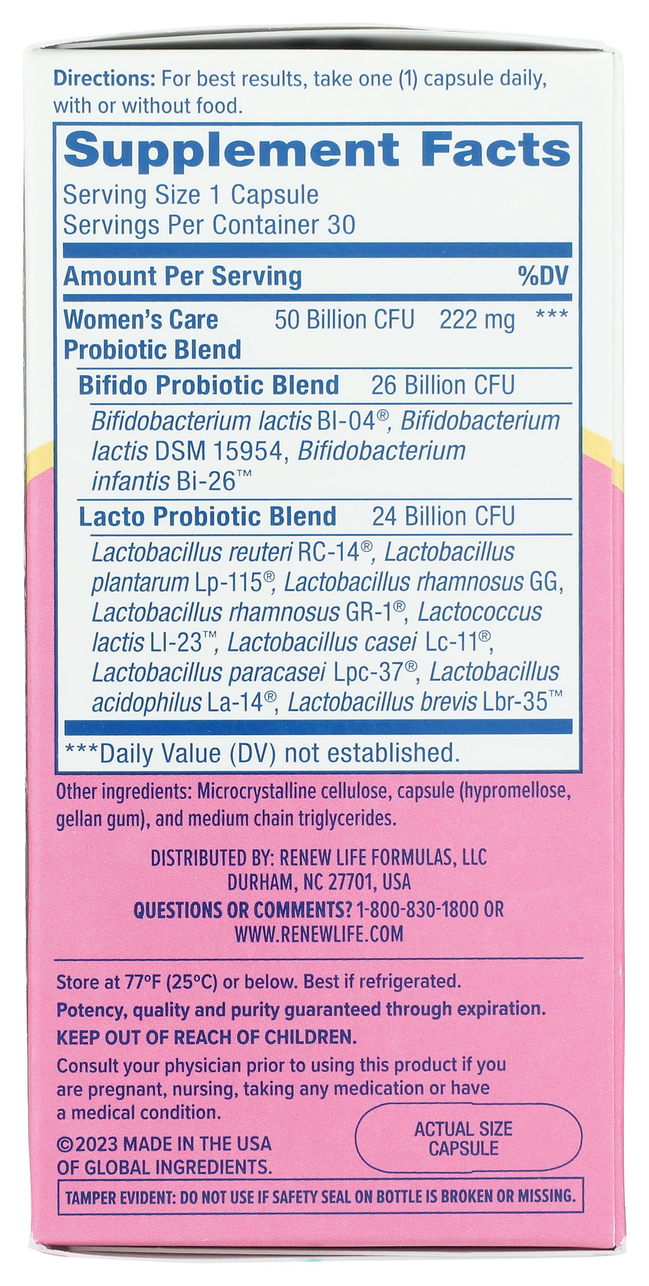 Renew Life Women's Probiotic Capsules 50 Billion CFU Guaranteed, Supports pH Balance, Vaginal, Urinary, Digestive and Immune Health, L. Rhamnosus GG, Dairy, Soy and Gluten-Free, 30 Count