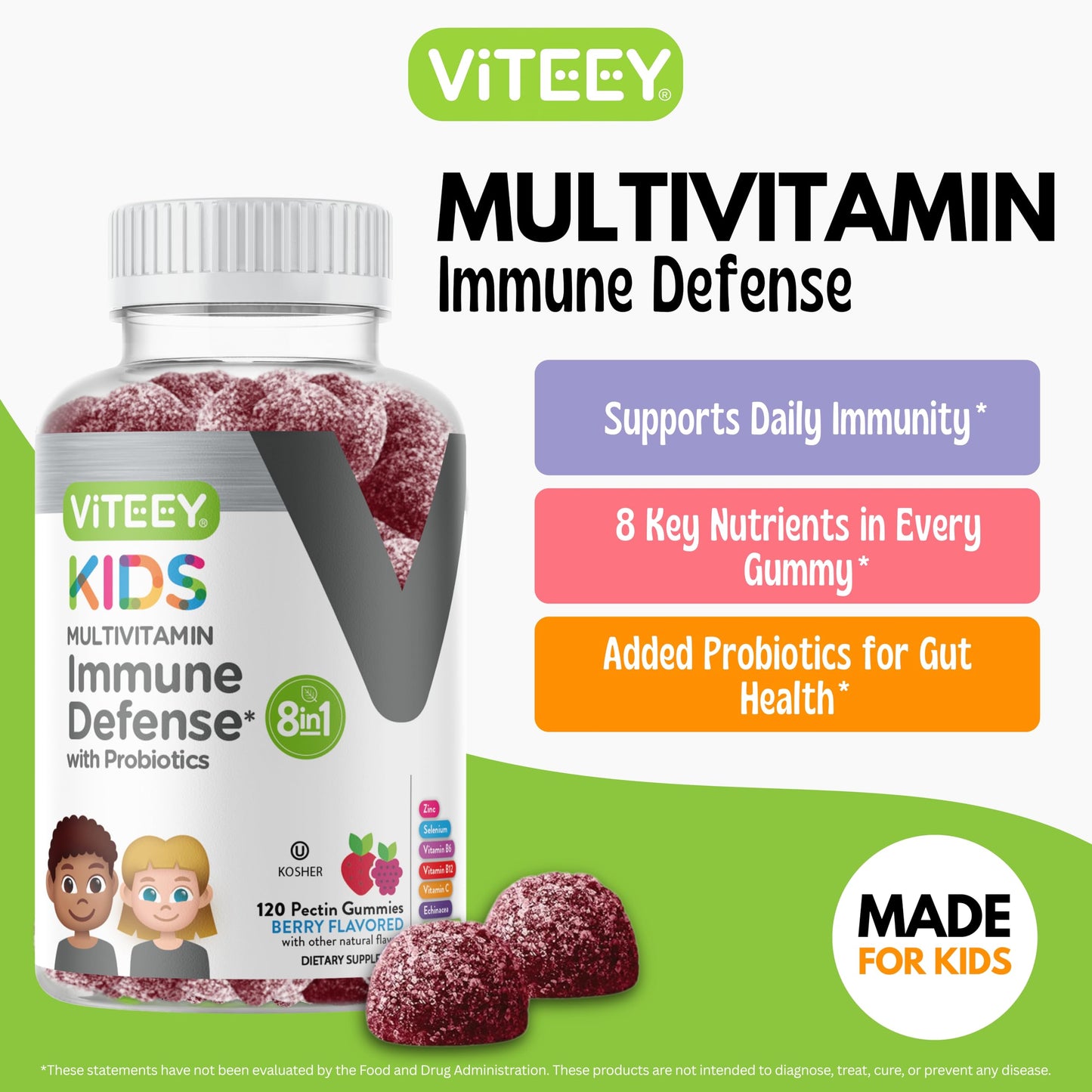 Viteey Kids Multivitamin Gummies with Probiotics - 8-1 Kids Vitamins for Immune Health Support with Vitamin C, D3, B12, B6, Zinc, Elderberry, Selenium - Vegetarian - Chewable Tasty Berry Flavored - 120 Gummies