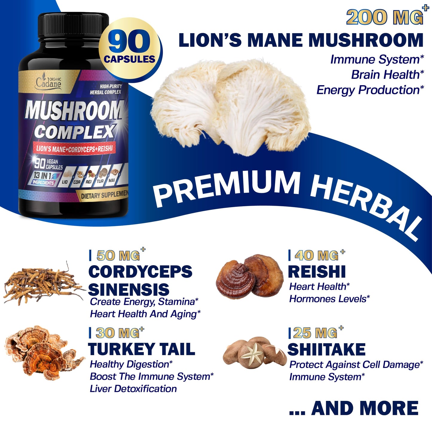Organic Cadane Mushroom Complex Supplements Capsule, 13-in-1, 90 Vegan Capsules