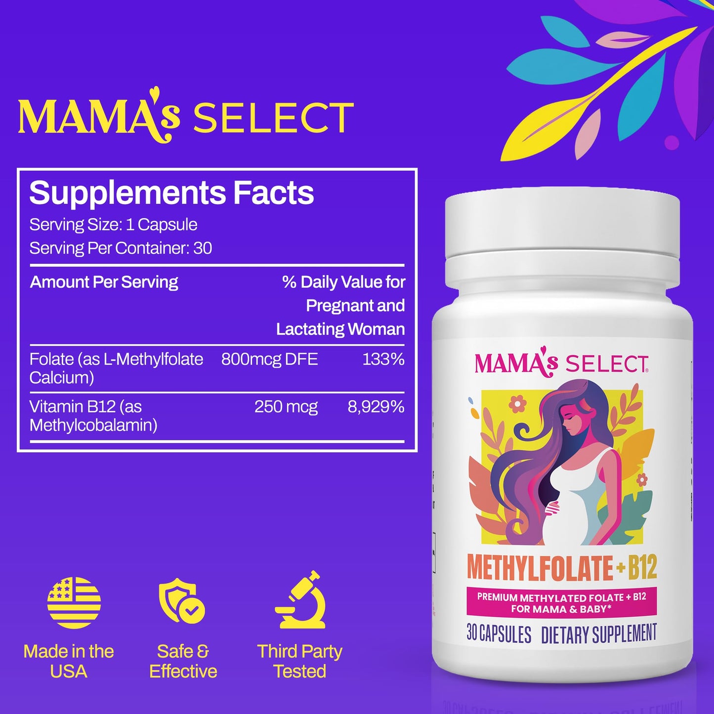 Mama's Select Methylfolate + B12 for Pregnancy & Breastfeeding – 5-MTHF Folate + Methylcobalamin – Supports Baby’s Brain Development & Healthy Folate Levels – MTHFR Friendly – Vegan 30 Capsules