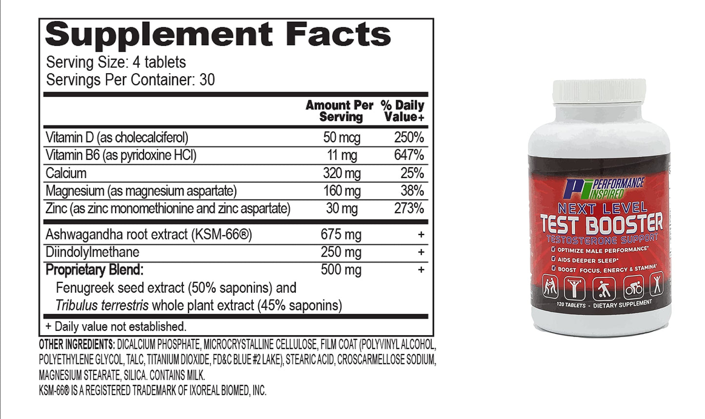PERFORMANCE INSPIRED Next Level Test Booster – Testosterone Support – Ashwagandha Root Extract – Energy, Stamina & Recovery 120 Tablets