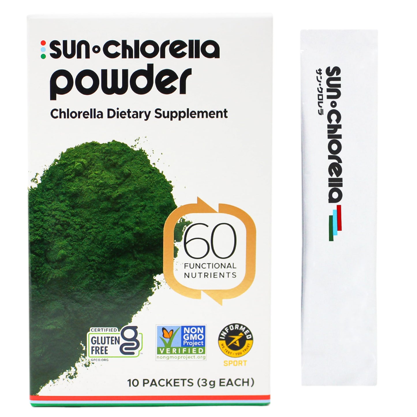 Sun Chlorella Powder 3g Single-Serve Packets, B12-Vitamin D Support, 10 Count