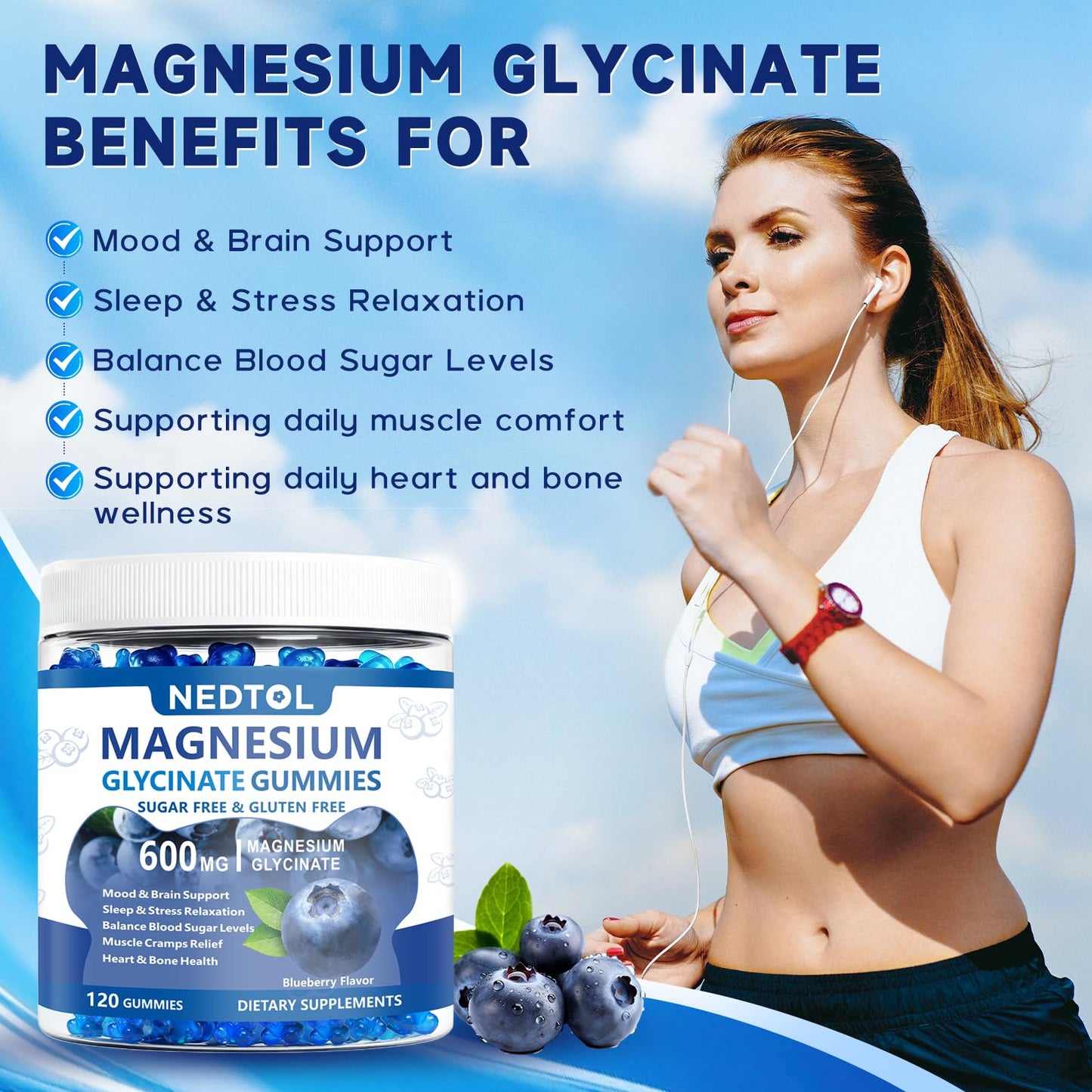 Nedtol Magnesium Glycinate Gummies 600mg, Sugar Free, with Vitamin D, B6, and CoQ10, for Sleep and Relaxation, 120 Gummies