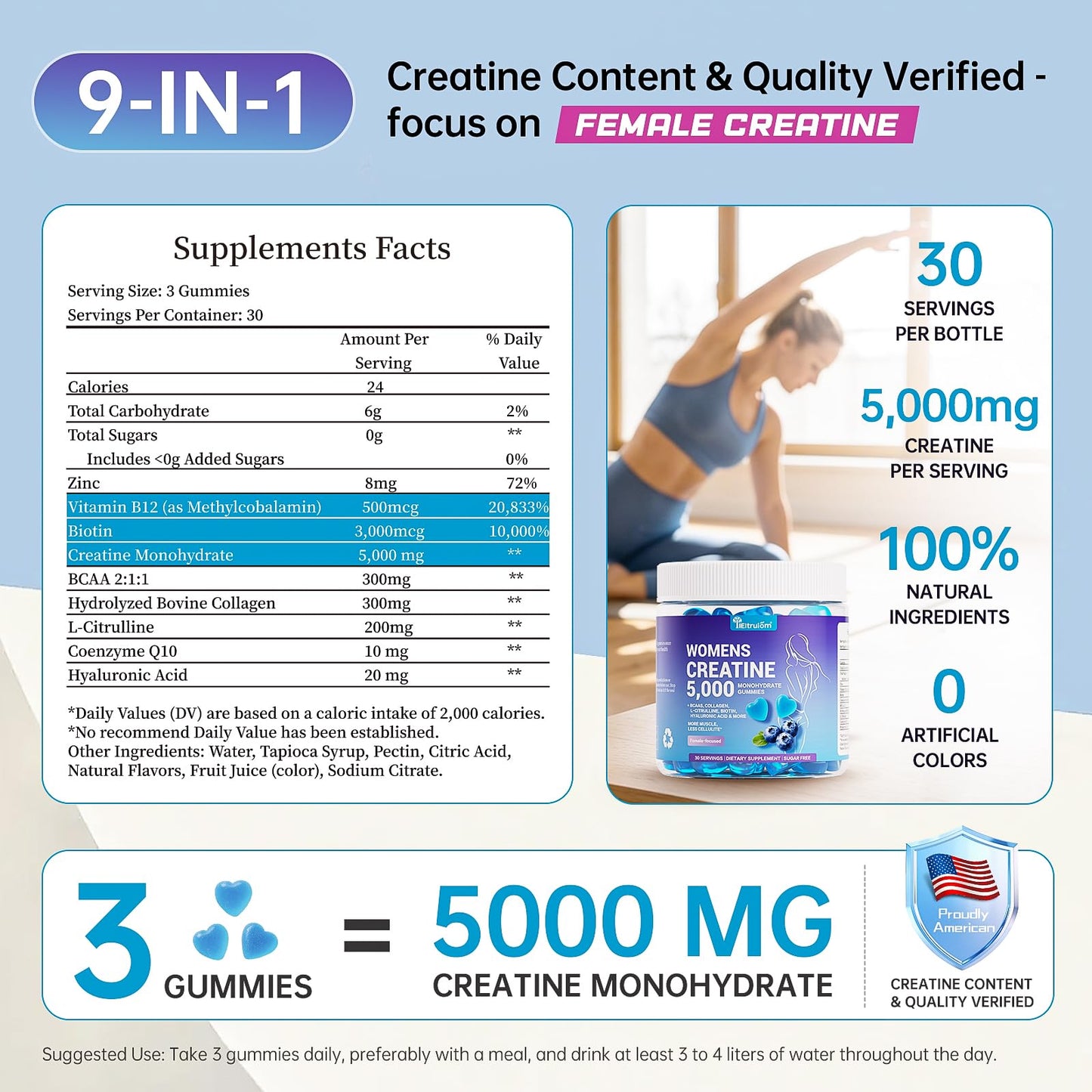 IIEltruiom Creatine Gummies for Women 5000mg, Sugar Free Creatine Monohydrate Chews with Collagen & BCAA, Pre Workout Supplement, 90 Gummies