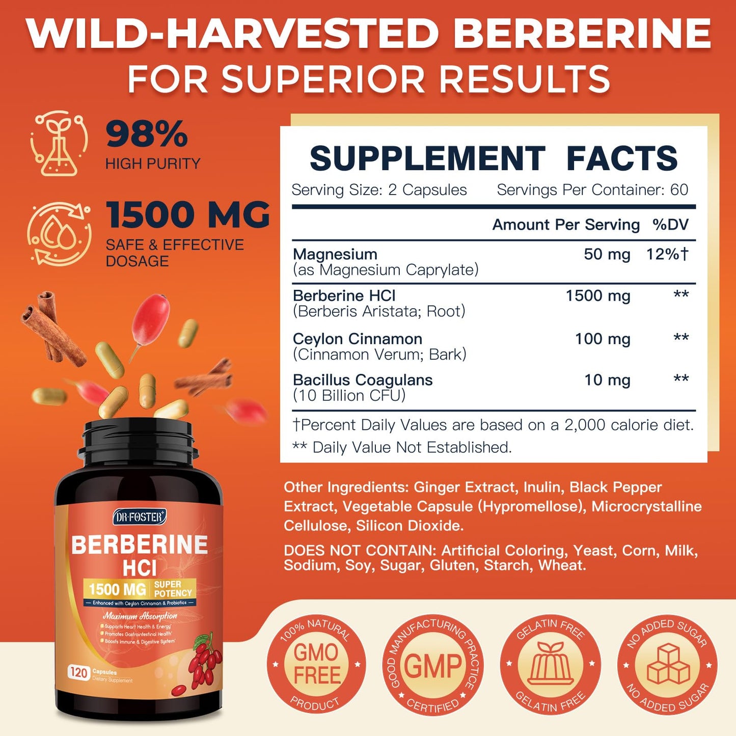 DRFOSTER Berberine HCl Supplement 1500mg with Ceylon Cinnamon Capsules, 120 Count