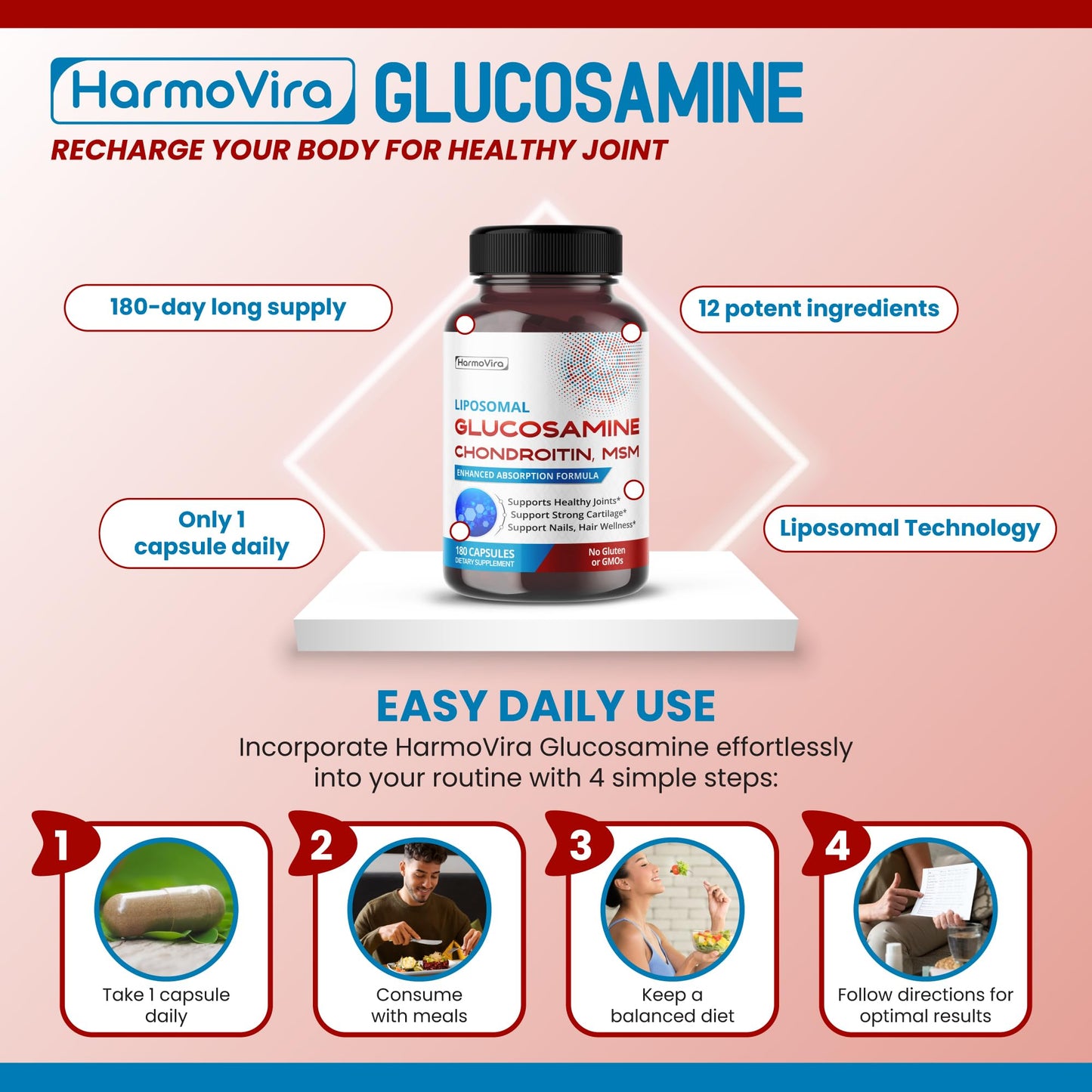 HarmoVira Liposomal Glucosamine Chondroitin, MSM Capsules, 180 Count
