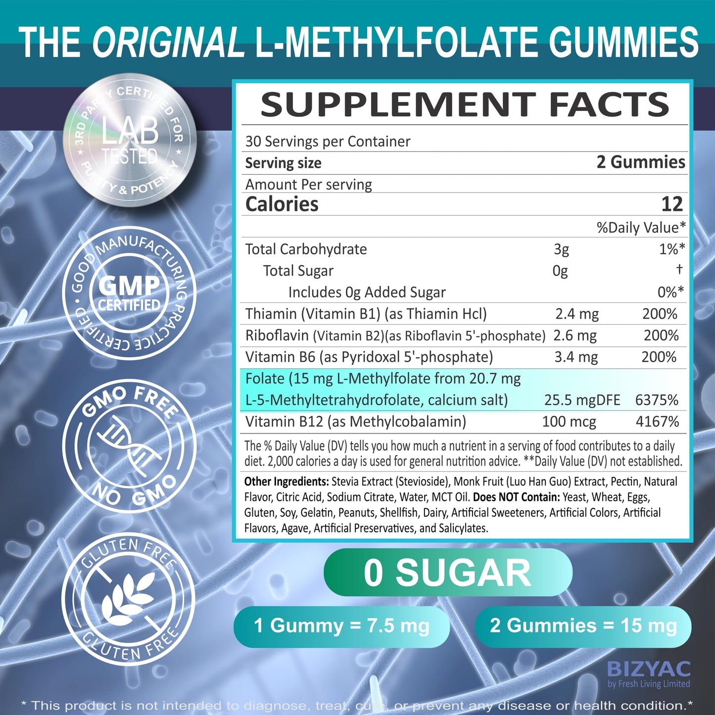 BIZYAC L-MethylFolate 15mg & Methyl B12 Gummies, Methylated B1, B2, B6 Multivitamins - Active 5-MTHF & High Absorption - Folate Metabolism - Vegan Multivitamin, 60 Gummies