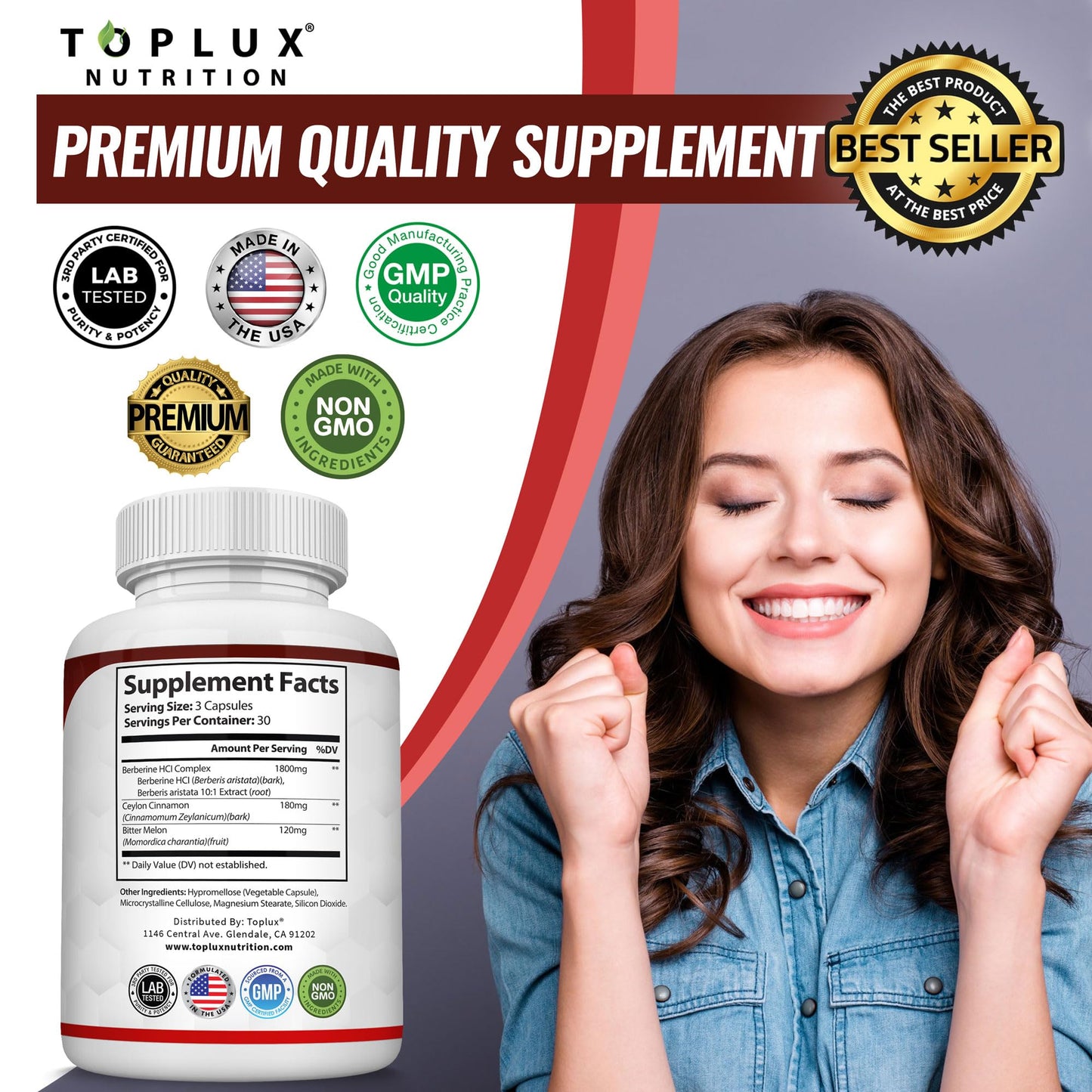 Toplux Berberine with Ceylon Cinnamon and Bitter Melon 2100mg - High Purity 97% HCL Berberine Supplement, 90 Capsules
