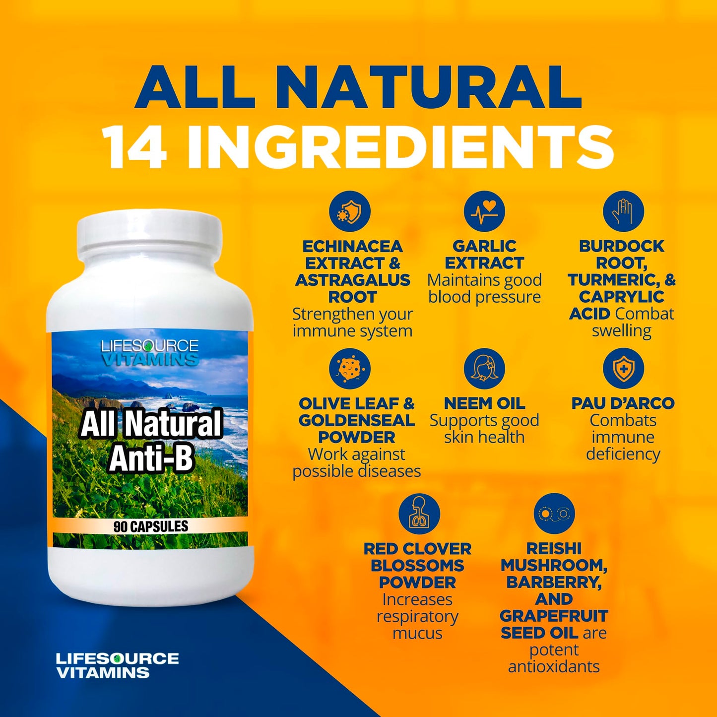 LifeSource Vitamins All Natural Anti-B for Immune Support with Echinacea & Garlic Extract Immune Defense Capsules, 90 Count