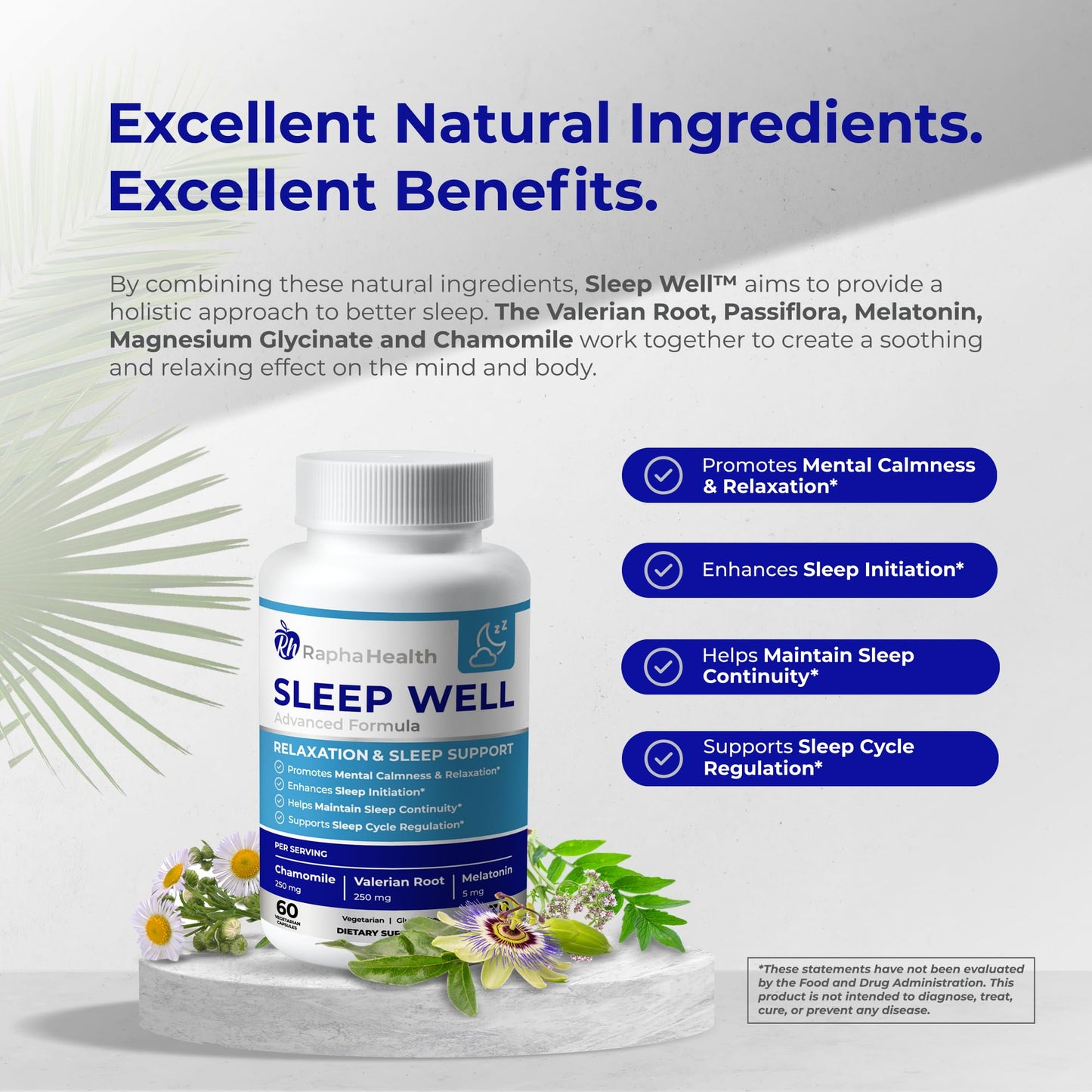 RAPHA HEALTH Sleep Well Natural Sleep Aid with Magnesium Glycinate, Valerian Root, and Chamomile, 60 Capsules