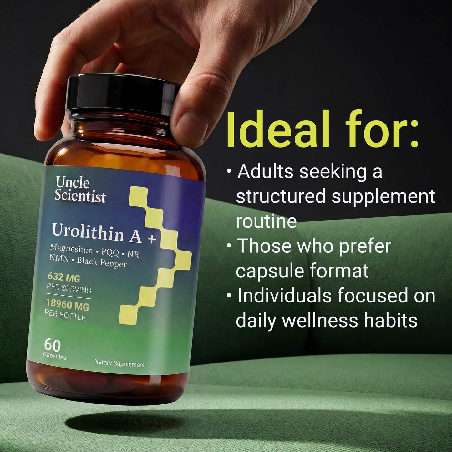 Uncle Scientist Urolithin A 632mg with NMN, NR, PQQ & Magnesium Bisglycinate, Mitochondrial & Cellular Energy Support, NAD+ Booster Supplement, 60 Vegan Capsules