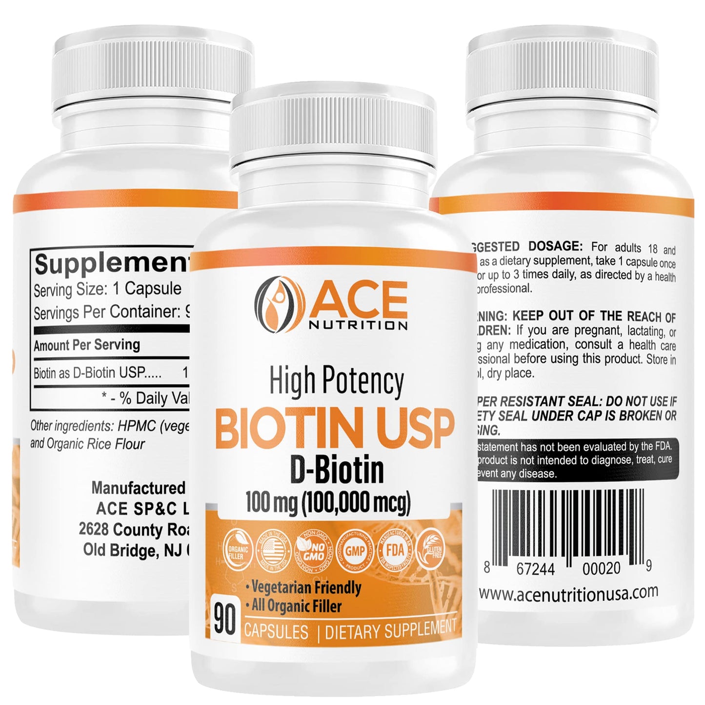 ACE NUTRITION Biotin USP (D-Biotin) High Potency 100mg (100,000mcg), 270 Capsules