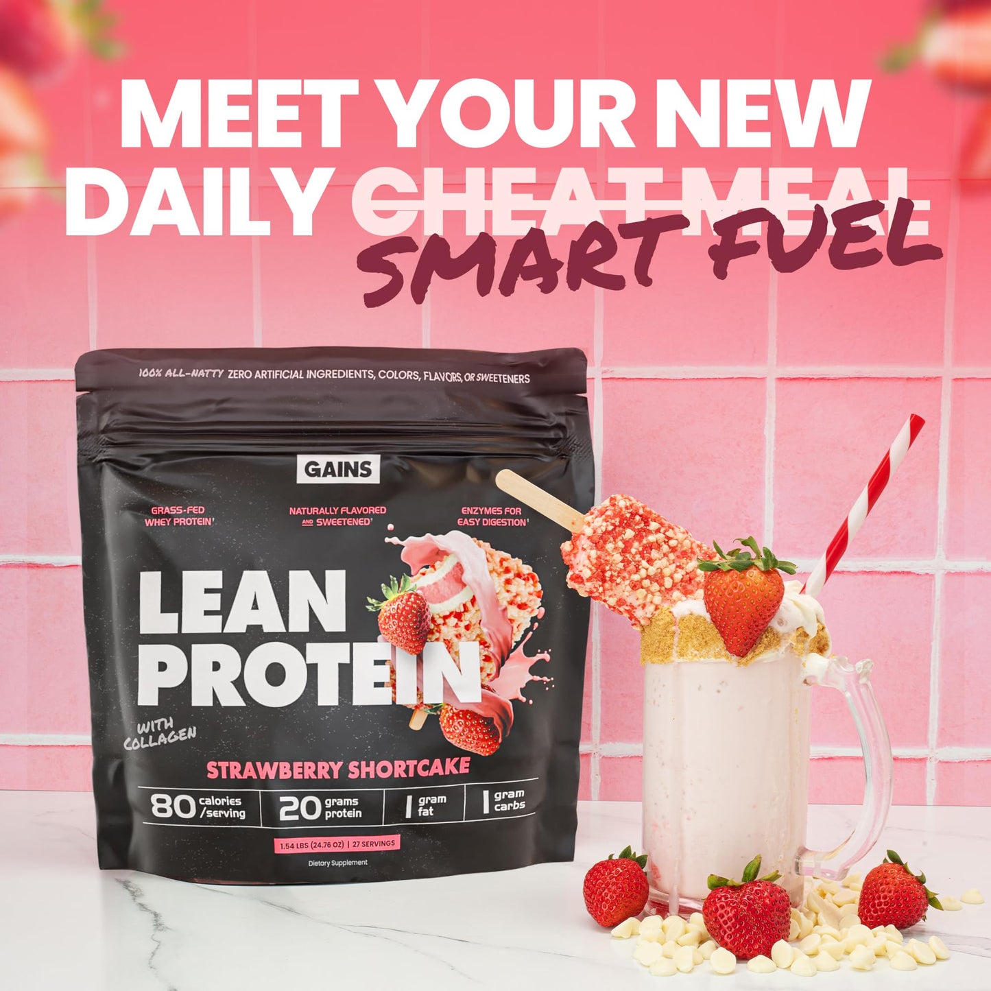 Gains in Bulk Lean Grass-Fed Whey Protein Powder With Collagen Peptides, 27 Servings