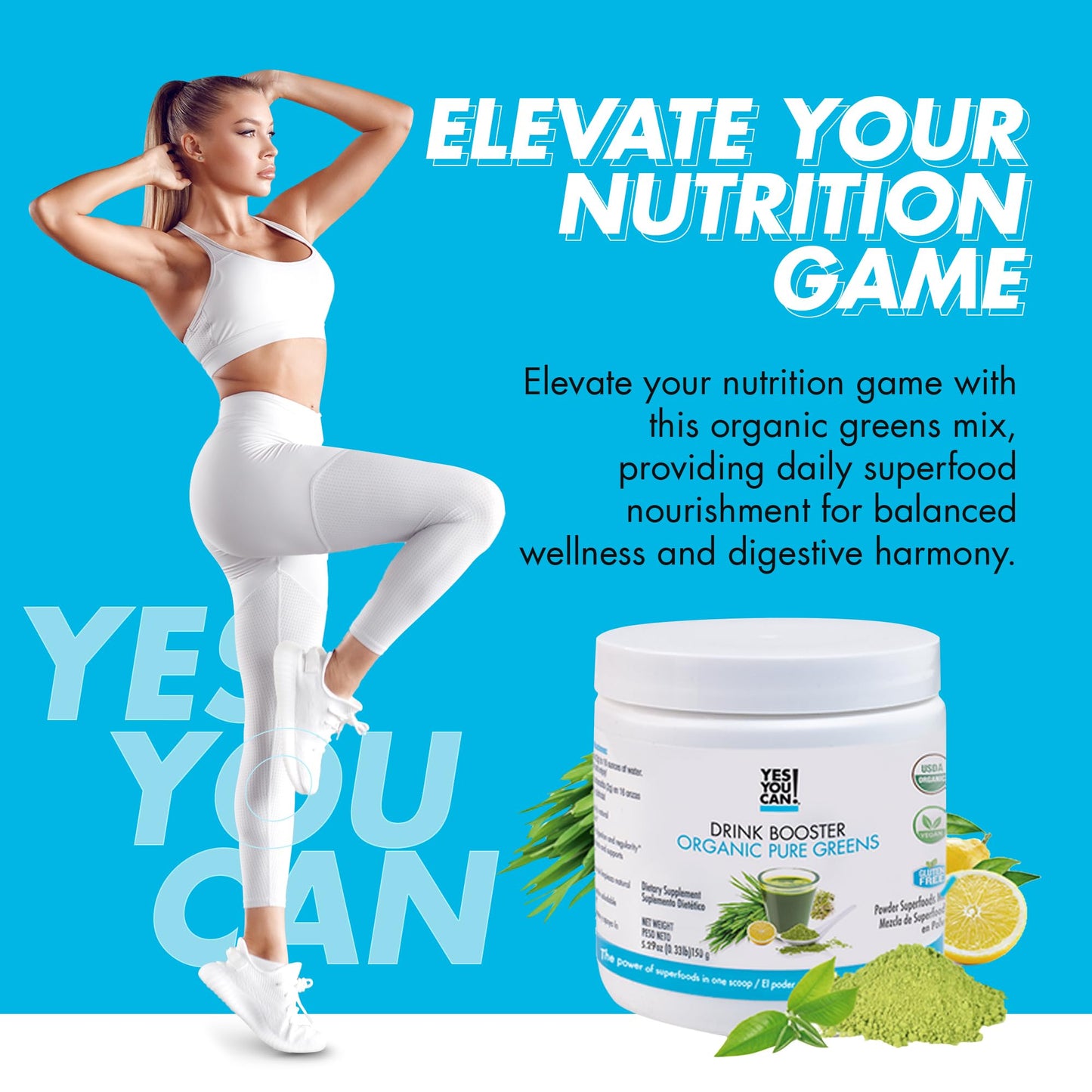 Yes You Can! Drink Booster Organic Greens Superfood Powder 10.58 oz (Pack of 2)